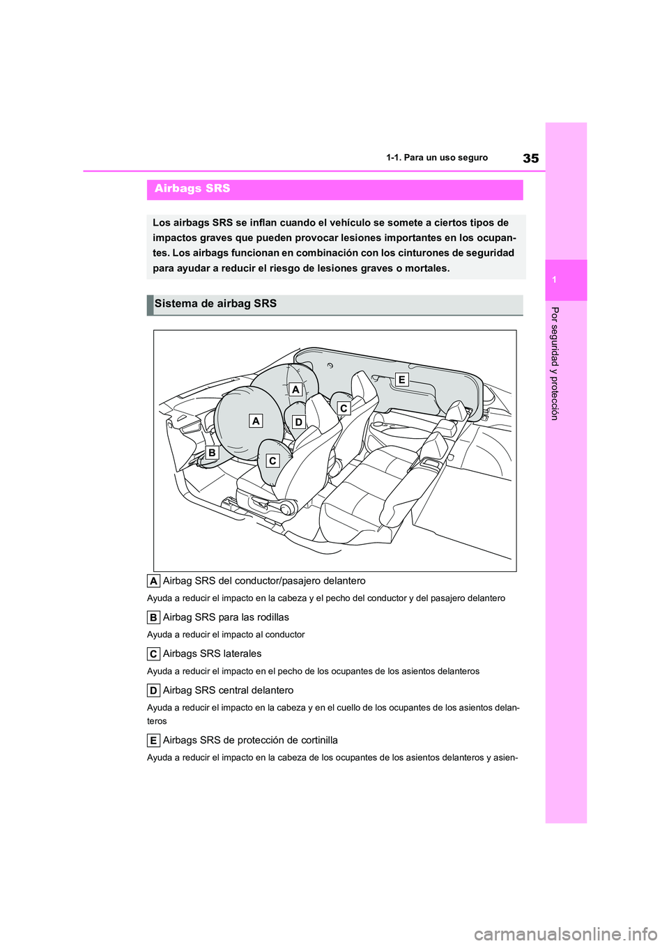 TOYOTA COROLLA CROSS 2023 Manual del propietario (in Spanish) 35
1
1-1. Para un uso seguro
Por seguridad y protección
Airbag SRS del conductor/pasajero delantero
Ayuda a reducir el impacto en la cabeza y el pecho del conductor y del pasajero delantero
Airbag TOYOTA COROLLA CROSS 2023 Manual del propietario (in Spanish) 35
1
1-1. Para un uso seguro
Por seguridad y protección
Airbag SRS del conductor/pasajero delantero
Ayuda a reducir el impacto en la cabeza y el pecho del conductor y del pasajero delantero
Airbag