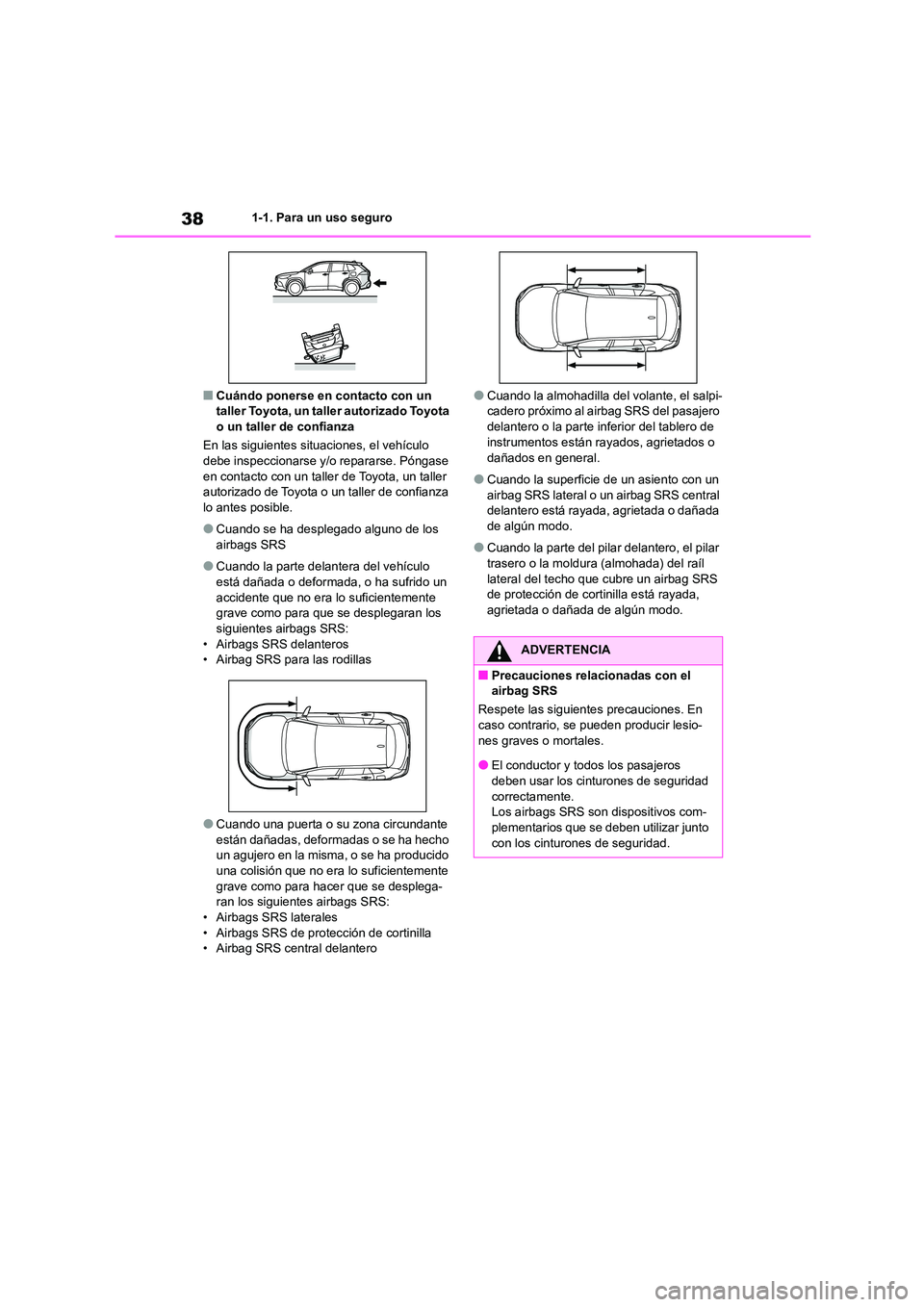 TOYOTA COROLLA CROSS 2023 Manual del propietario (in Spanish) 381-1. Para un uso seguro
■Cuándo ponerse en contacto con un taller Toyota, un taller autorizado Toyota
o un taller de confianza
En las siguientes sit uaciones, el vehículo
debe inspeccionar TOYOTA COROLLA CROSS 2023 Manual del propietario (in Spanish) 381-1. Para un uso seguro
■Cuándo ponerse en contacto con un taller Toyota, un taller autorizado Toyota
o un taller de confianza
En las siguientes sit uaciones, el vehículo
debe inspeccionar