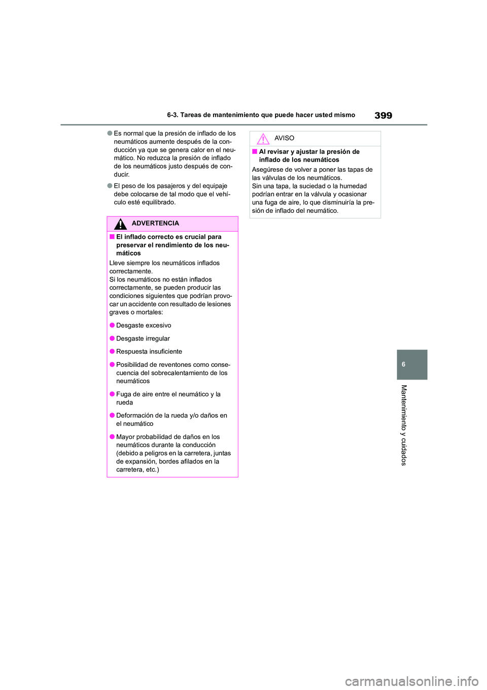 TOYOTA COROLLA CROSS 2023  Manual del propietario (in Spanish) 399
6 
6-3. Tareas de mantenimiento que puede hacer usted mismo
Mantenimiento y cuidados
●Es normal que la presión de inflado de los  neumáticos aumente después de la con- 
ducción ya que se gen