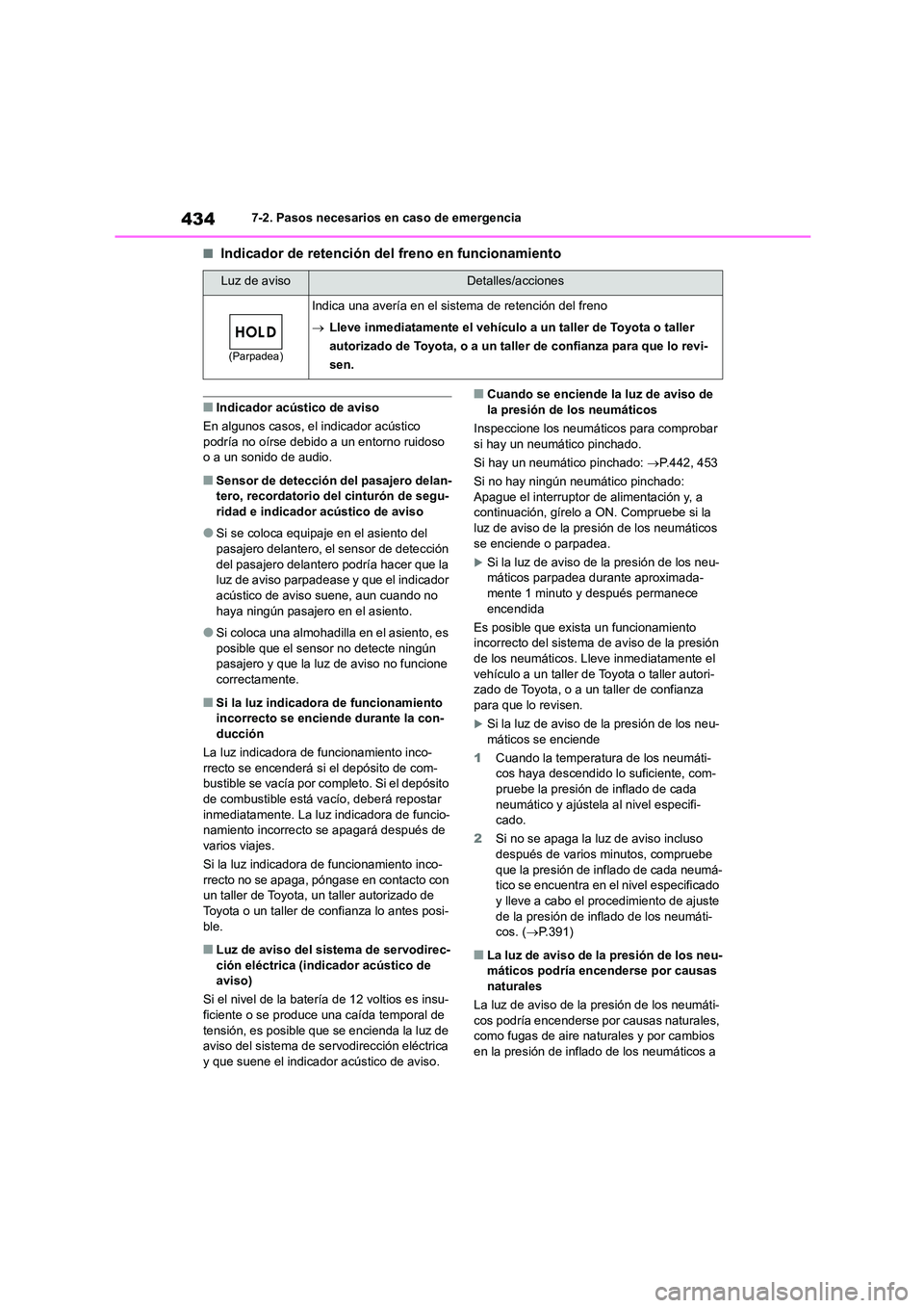 TOYOTA COROLLA CROSS 2023 Manual del propietario (in Spanish) 4347-2. Pasos necesarios en caso de emergencia
■Indicador de retención del freno en funcionamiento
■Indicador acústico de aviso
En algunos casos, el indicador acústico
podría no oírse debi TOYOTA COROLLA CROSS 2023 Manual del propietario (in Spanish) 4347-2. Pasos necesarios en caso de emergencia
■Indicador de retención del freno en funcionamiento
■Indicador acústico de aviso
En algunos casos, el indicador acústico
podría no oírse debi