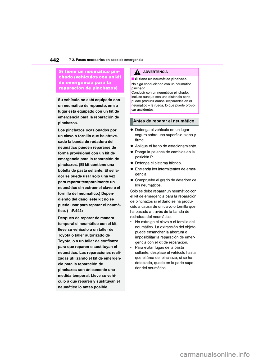 TOYOTA COROLLA CROSS 2023  Manual del propietario (in Spanish) 4427-2. Pasos necesarios en caso de emergencia
Detenga el vehículo en un lugar  
seguro sobre una superficie plana y 
firme. 
 Aplique el freno de estacionamiento. 
 Ponga la palanca de camb