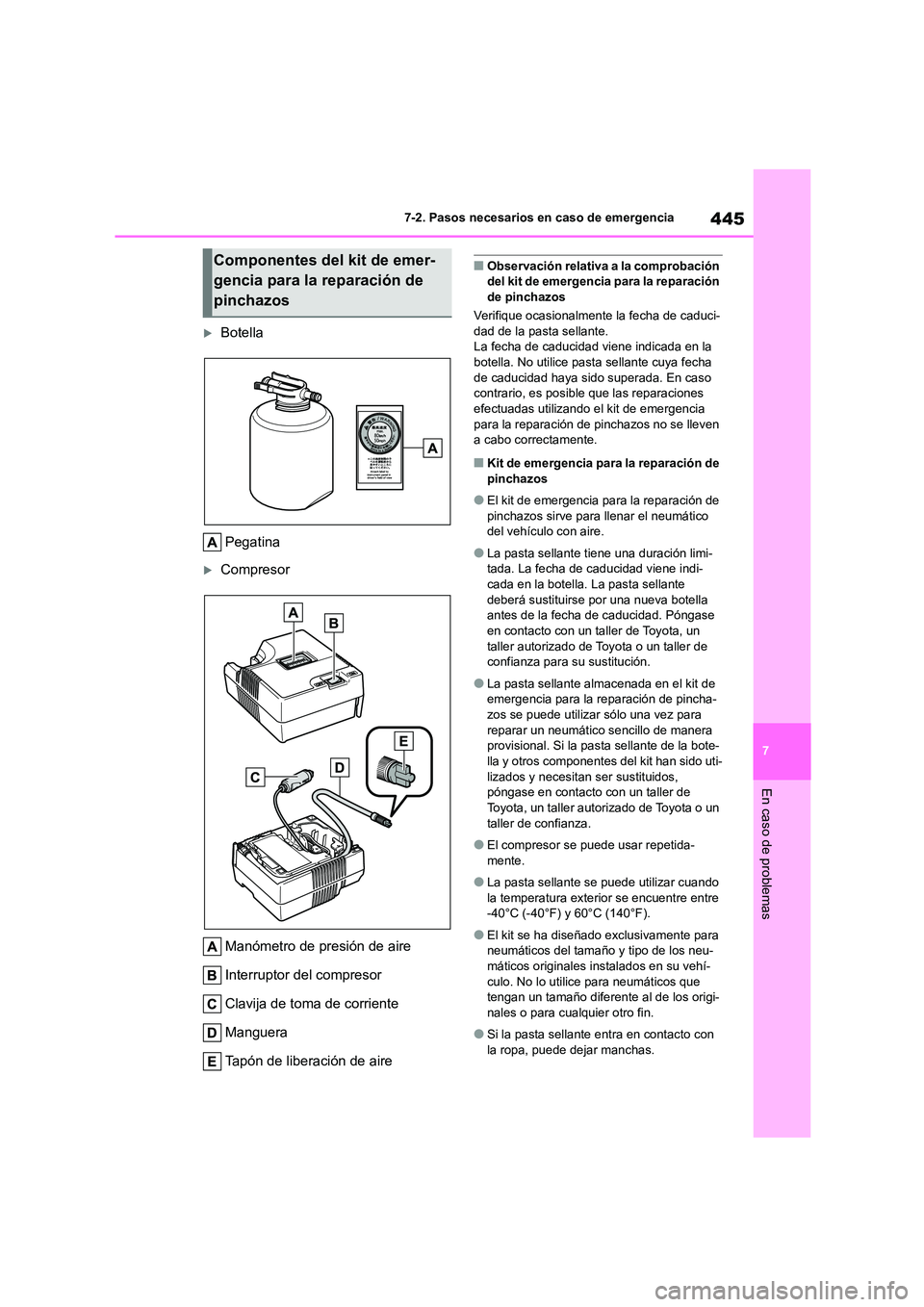 TOYOTA COROLLA CROSS 2023  Manual del propietario (in Spanish) 445
7 
7-2. Pasos necesarios en caso de emergencia
En caso de problemas
Botella 
Pegatina
Compresor 
Manómetro de presión de aire 
Interruptor del compresor 
Clavija de toma de corriente
Mangu