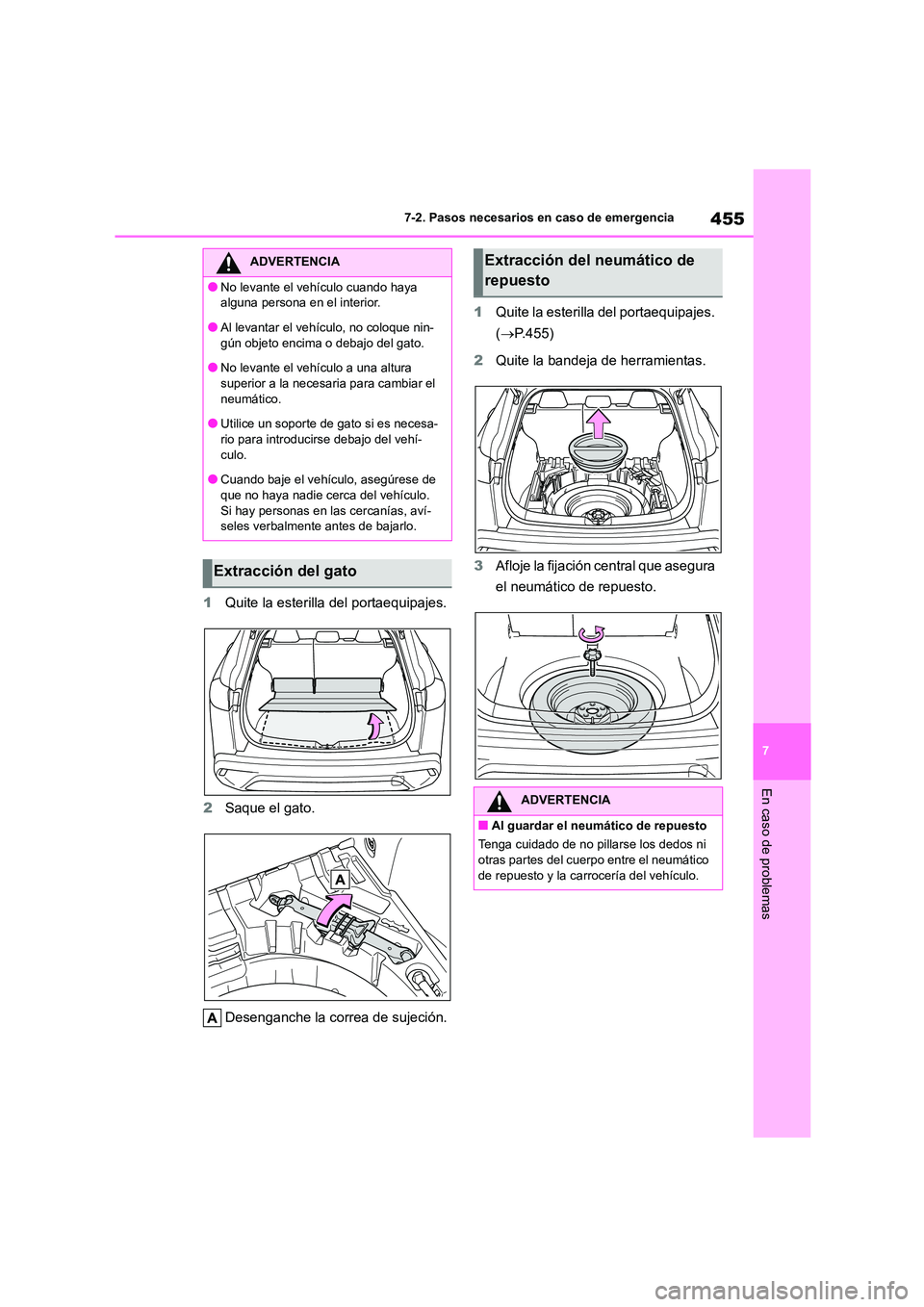 TOYOTA COROLLA CROSS 2023  Manual del propietario (in Spanish) 455
7 
7-2. Pasos necesarios en caso de emergencia
En caso de problemas
1 Quite la esterilla del portaequipajes. 
2 Saque el gato. 
Desenganche la correa de sujeción. 
1 Quite la esterilla del portae
