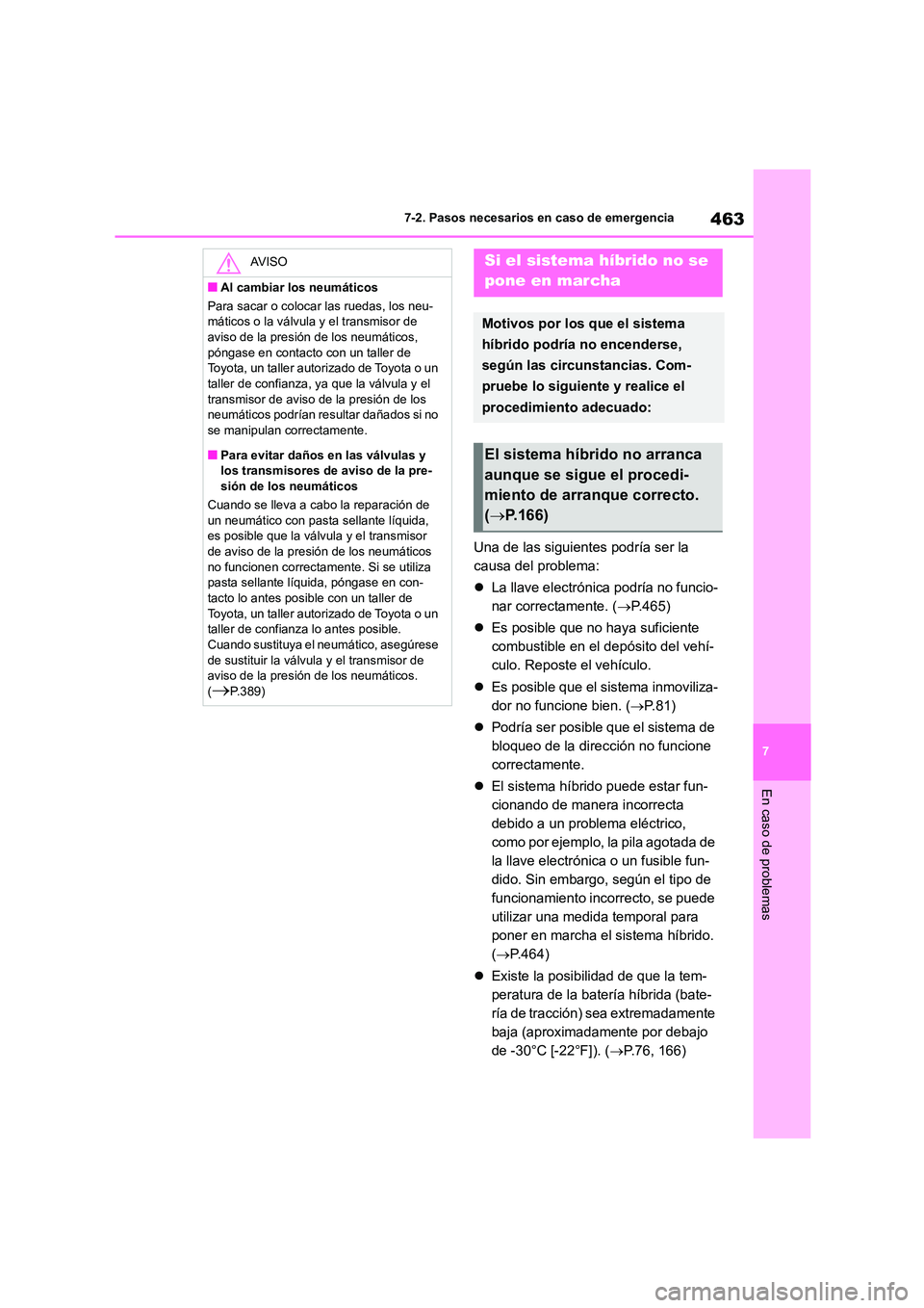 TOYOTA COROLLA CROSS 2023  Manual del propietario (in Spanish) 463
7 
7-2. Pasos necesarios en caso de emergencia
En caso de problemas
Una de las siguientes podría ser la  
causa del problema: 
 La llave electrónica podría no funcio- 
nar correctamente. ( 