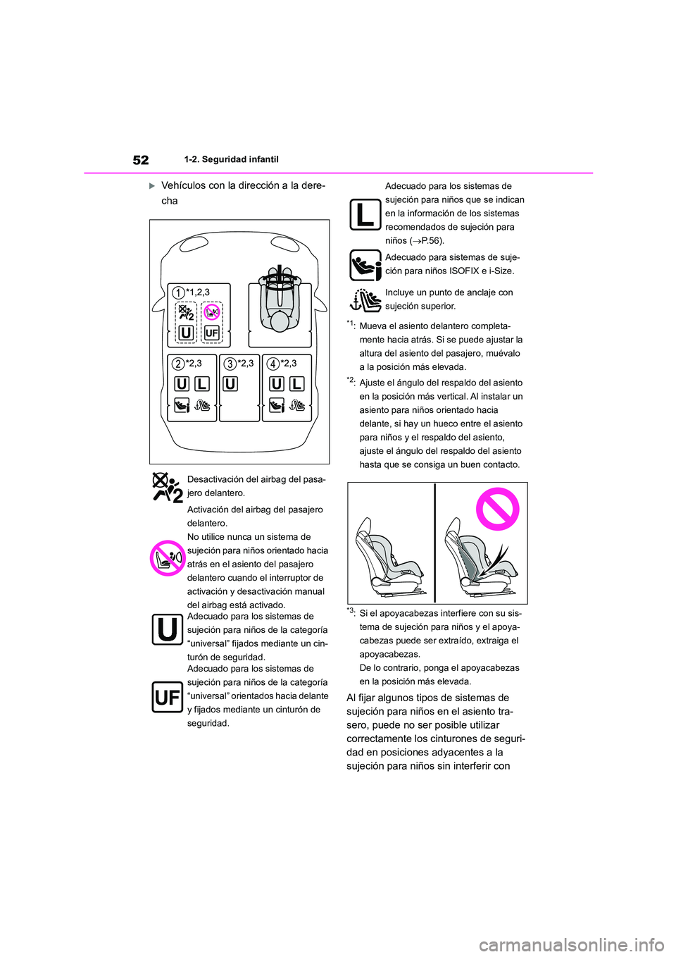 TOYOTA COROLLA CROSS 2023 Manual del propietario (in Spanish) 521-2. Seguridad infantil
Vehículos con la dirección a la dere-
cha
*1: Mueva el asiento delantero completa-
mente hacia atrás. Si se puede ajustar la
altura del asiento del pasajero, muéva TOYOTA COROLLA CROSS 2023 Manual del propietario (in Spanish) 521-2. Seguridad infantil
Vehículos con la dirección a la dere-
cha
*1: Mueva el asiento delantero completa-
mente hacia atrás. Si se puede ajustar la
altura del asiento del pasajero, muéva