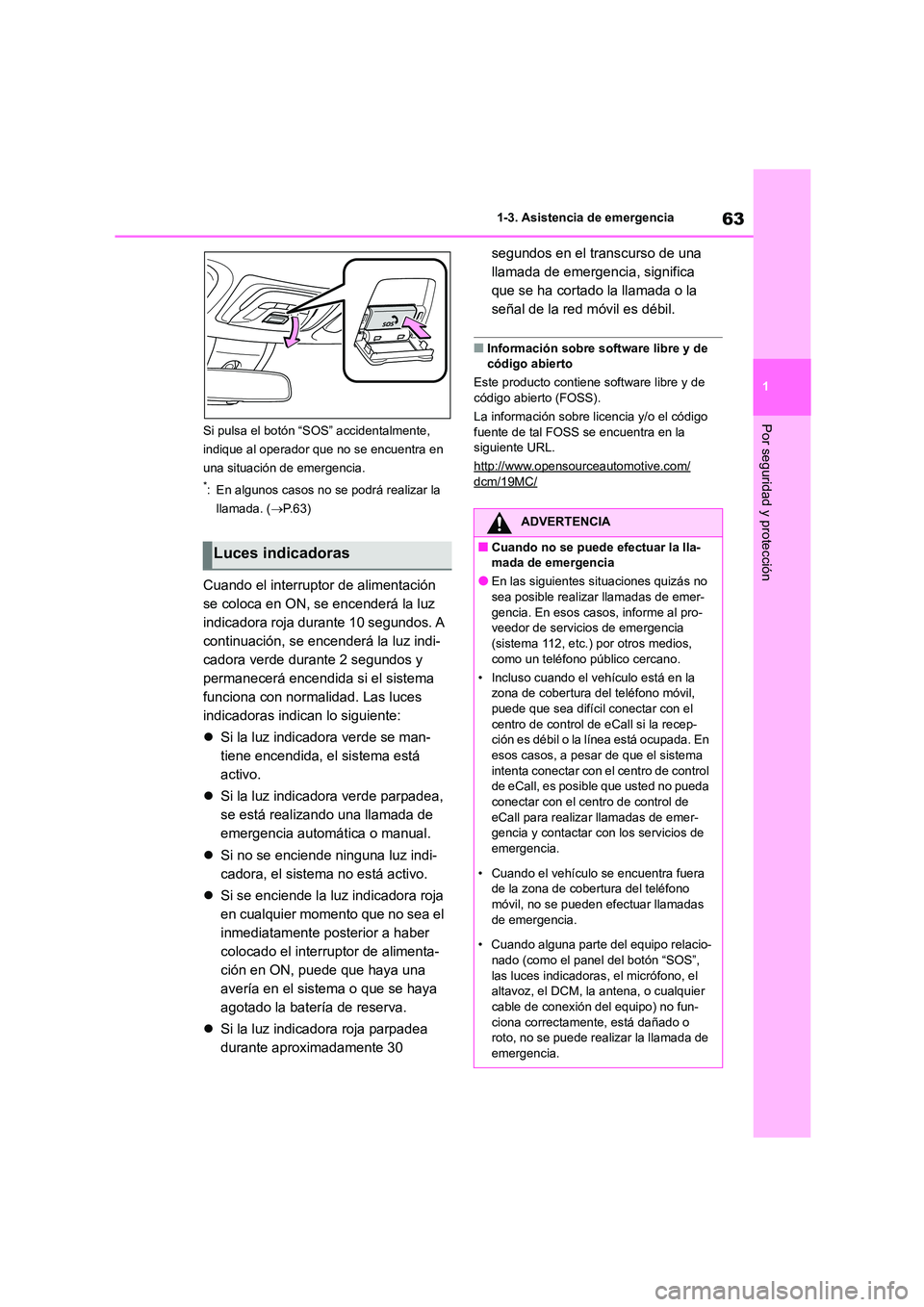 TOYOTA COROLLA CROSS 2023  Manual del propietario (in Spanish) 63
1 
1-3. Asistencia de emergencia
Por seguridad y protecciónSi pulsa el botón “S OS” accidentalmente,  
indique al operador que no se encuentra en 
una situación de emergencia.
*: En algunos 