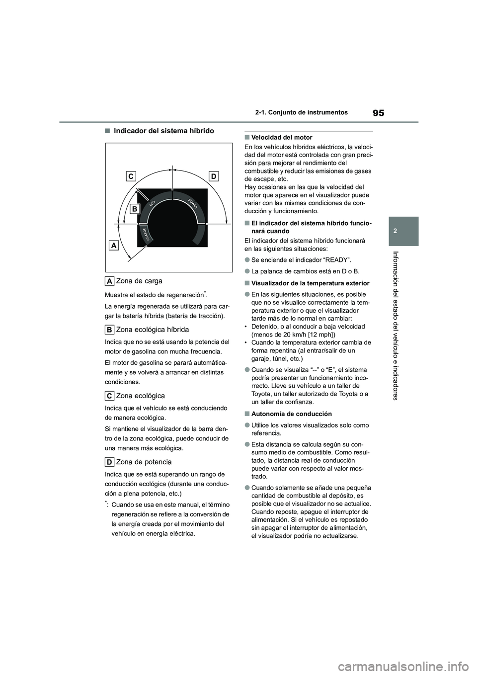 TOYOTA COROLLA CROSS 2023  Manual del propietario (in Spanish) 95
2 
2-1. Conjunto de instrumentos
Información del estado del vehículo e indicadores
■Indicador del sistema híbrido 
Zona de carga
Muestra el estado de regeneración*. 
La energía regenerada se
