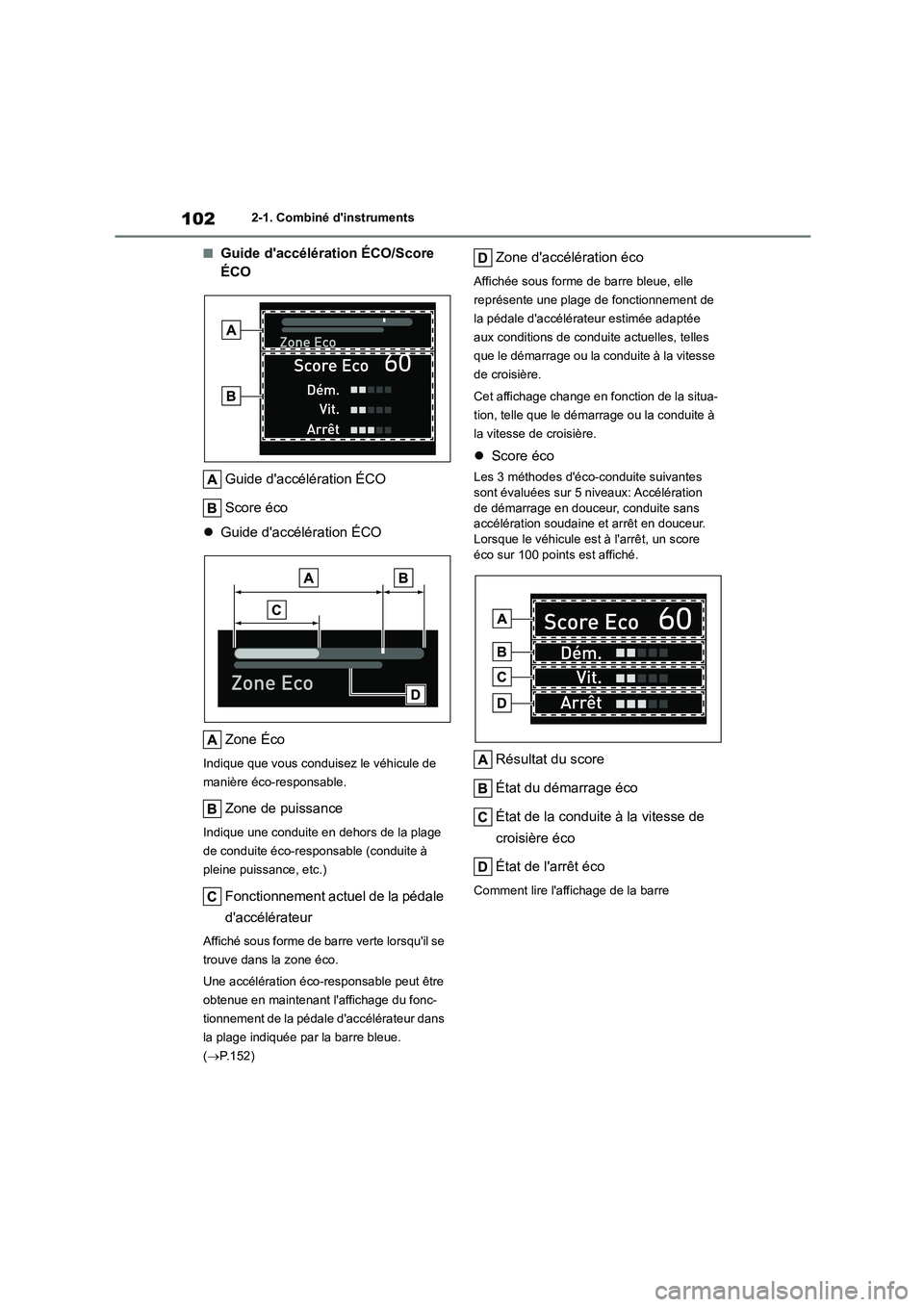 TOYOTA COROLLA CROSS 2022 Manuel du propriétaire (in French) 1022-1. Combiné dinstruments
■Guide daccélération ÉCO/Score
ÉCO
Guide daccélération ÉCO
Score éco
Guide daccélération ÉCO
Zone Éco
Indique que vous conduisez le véhicule TOYOTA COROLLA CROSS 2022 Manuel du propriétaire (in French) 1022-1. Combiné dinstruments
■Guide daccélération ÉCO/Score
ÉCO
Guide daccélération ÉCO
Score éco
Guide daccélération ÉCO
Zone Éco
Indique que vous conduisez le véhicule