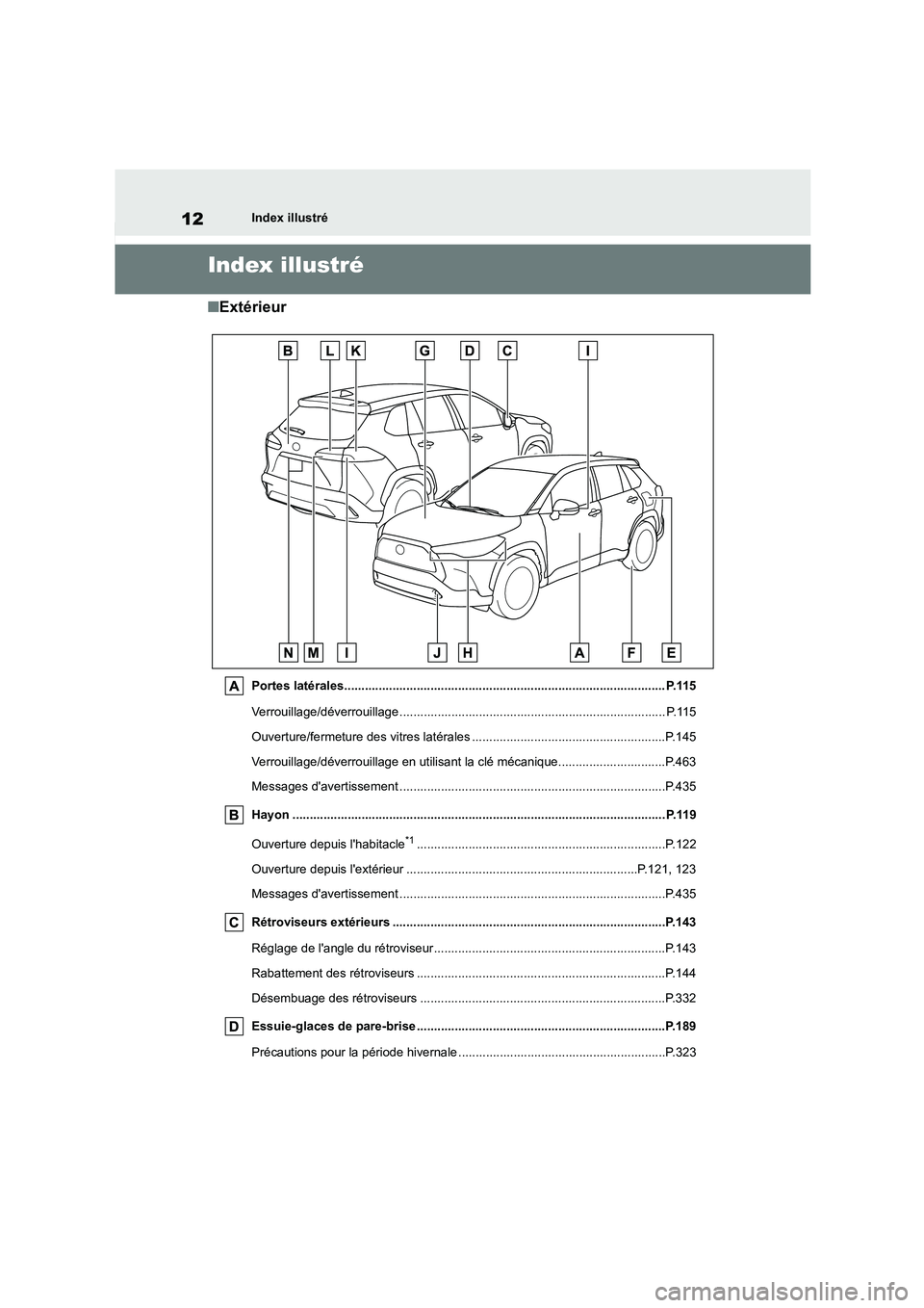 TOYOTA COROLLA CROSS 2022 Manuel du propriétaire (in French) 12Index illustré
Index illustré
■Extérieur
Portes latérales............................................................................................. P.115
Verrouillage/déverrouill age .... TOYOTA COROLLA CROSS 2022 Manuel du propriétaire (in French) 12Index illustré
Index illustré
■Extérieur
Portes latérales............................................................................................. P.115
Verrouillage/déverrouill age ....