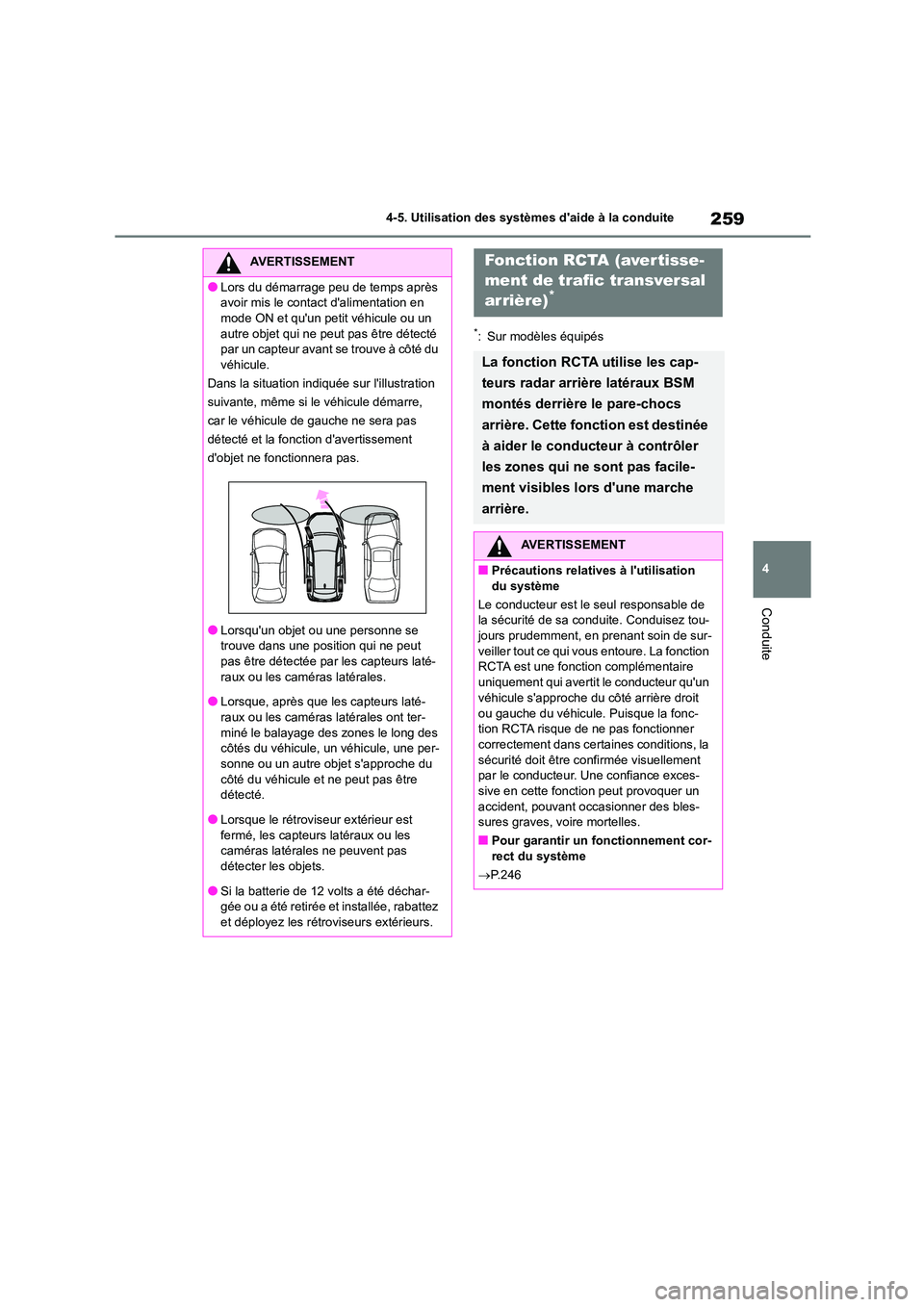 TOYOTA COROLLA CROSS 2022 Manuel du propriétaire (in French) 259
4
4-5. Utilisation des systèmes daide à la conduite
Conduite
*: Sur modèles équipés
AVERTISSEMENT
●Lors du démarrage peu de temps après
avoir mis le contac t dalimentation en
mode TOYOTA COROLLA CROSS 2022 Manuel du propriétaire (in French) 259
4
4-5. Utilisation des systèmes daide à la conduite
Conduite
*: Sur modèles équipés
AVERTISSEMENT
●Lors du démarrage peu de temps après
avoir mis le contac t dalimentation en
mode