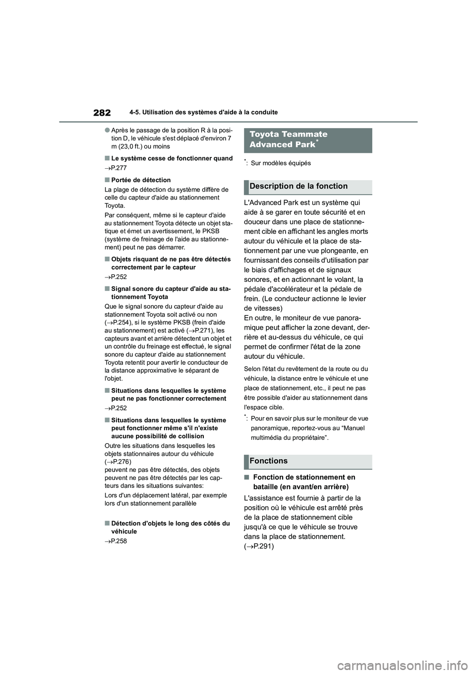 TOYOTA COROLLA CROSS 2022 Manuel du propriétaire (in French) 2824-5. Utilisation des systèmes daide à la conduite
●Après le passage de la position R à la posi- tion D, le véhicule sest déplacé denviron 7
m (23,0 ft.) ou moins
■Le système cesse TOYOTA COROLLA CROSS 2022 Manuel du propriétaire (in French) 2824-5. Utilisation des systèmes daide à la conduite
●Après le passage de la position R à la posi- tion D, le véhicule sest déplacé denviron 7
m (23,0 ft.) ou moins
■Le système cesse
