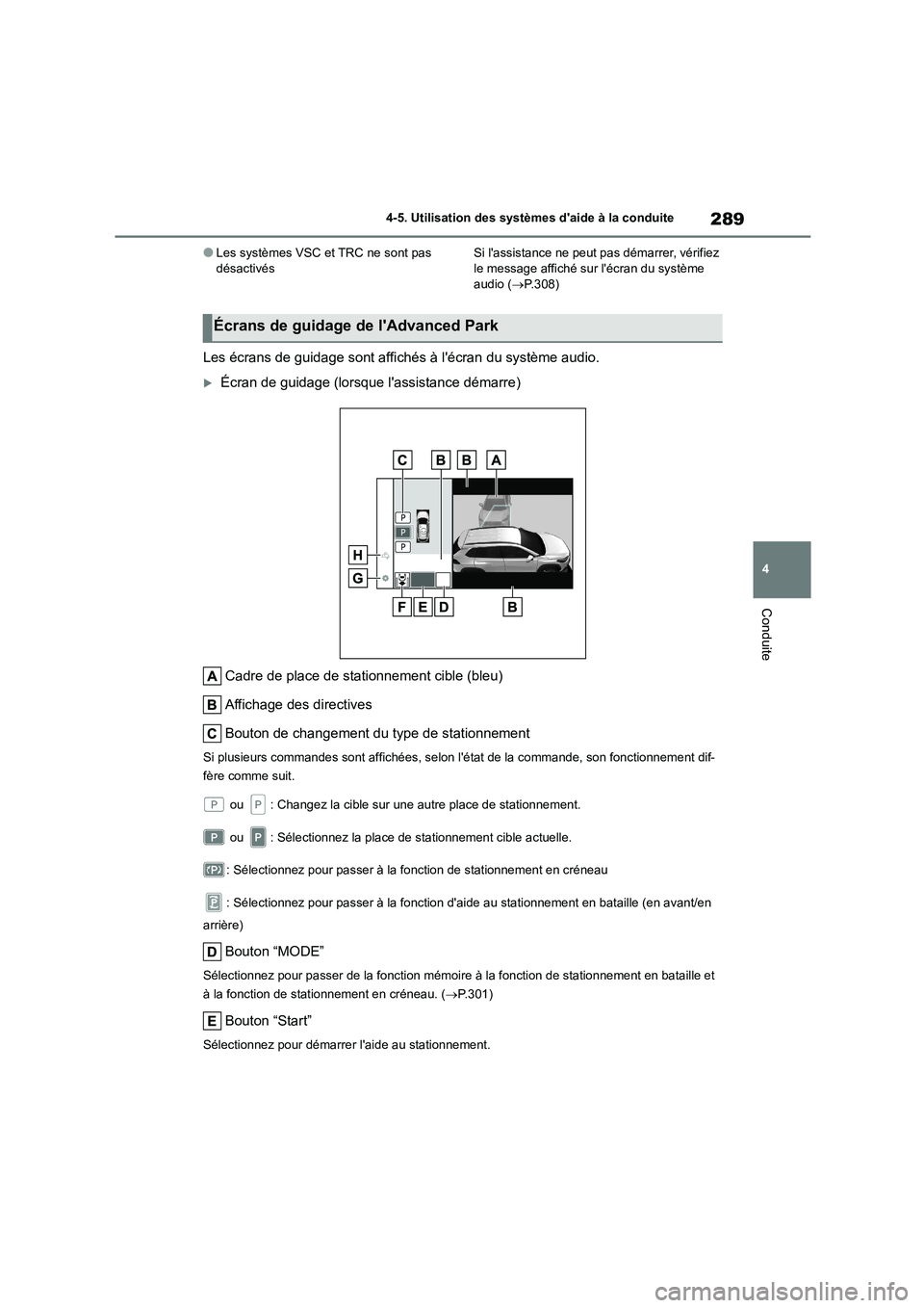 TOYOTA COROLLA CROSS 2022 Manuel du propriétaire (in French) 289
4
4-5. Utilisation des systèmes daide à la conduite
Conduite
●Les systèmes VSC et TRC ne sont pas désactivés Si lassistance ne peut pas démarrer, vérifiez le message affiché sur l TOYOTA COROLLA CROSS 2022 Manuel du propriétaire (in French) 289
4
4-5. Utilisation des systèmes daide à la conduite
Conduite
●Les systèmes VSC et TRC ne sont pas désactivés Si lassistance ne peut pas démarrer, vérifiez le message affiché sur l