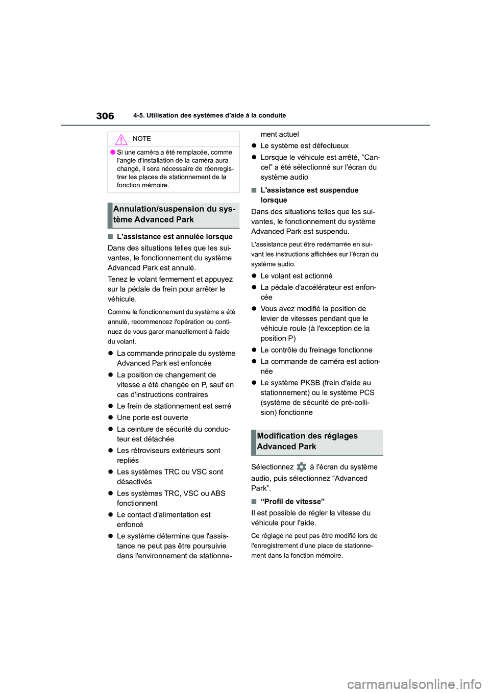 TOYOTA COROLLA CROSS 2022 Manuel du propriétaire (in French) 3064-5. Utilisation des systèmes daide à la conduite
■Lassistance est annulée lorsque
Dans des situations telles que les sui-
vantes, le fonctionnement du système
Advanced Park est annulé. TOYOTA COROLLA CROSS 2022 Manuel du propriétaire (in French) 3064-5. Utilisation des systèmes daide à la conduite
■Lassistance est annulée lorsque
Dans des situations telles que les sui-
vantes, le fonctionnement du système
Advanced Park est annulé.