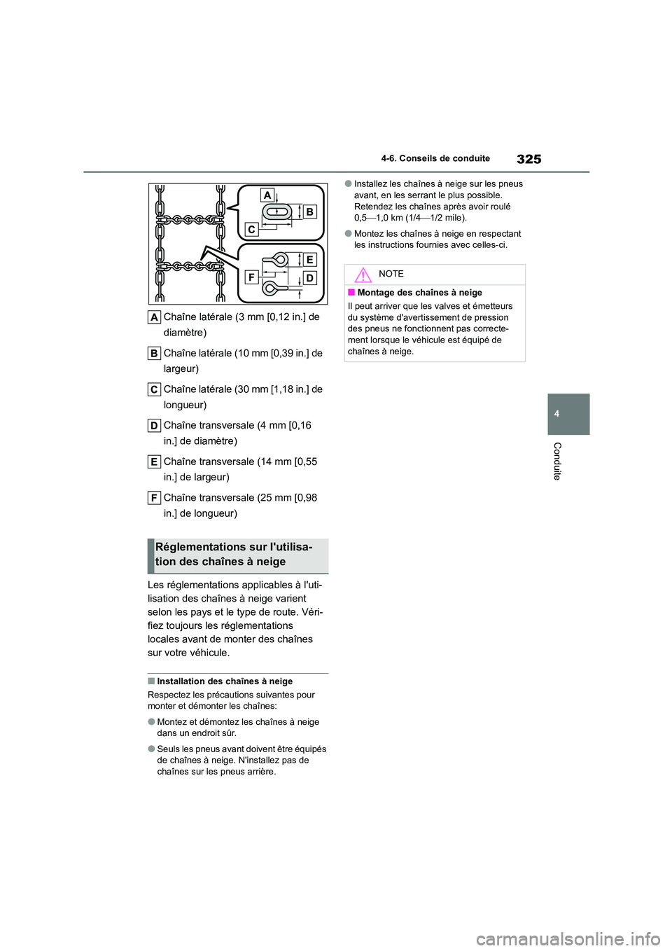 TOYOTA COROLLA CROSS 2022  Manuel du propriétaire (in French) 325
4 
4-6. Conseils de conduite
Conduite
Chaîne latérale (3 mm [0,12 in.] de  
diamètre) 
Chaîne latérale (10 mm [0,39 in.] de  
largeur) 
Chaîne latérale (30 mm [1,18 in.] de  
longueur) 
Cha