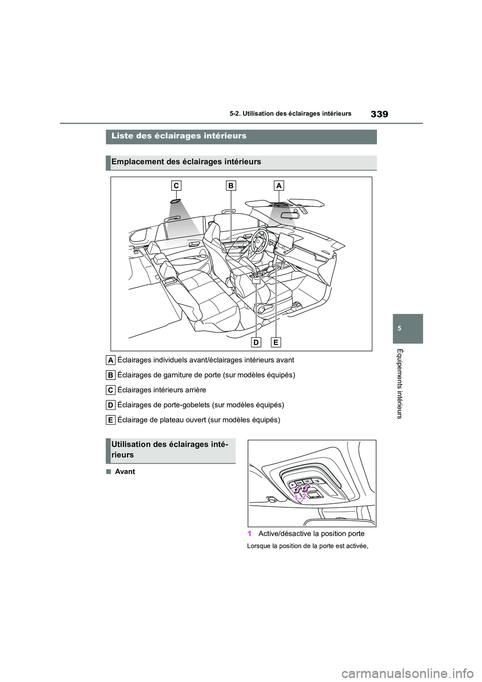 TOYOTA COROLLA CROSS 2022 Manuel du propriétaire (in French) 339
5
5-2. Utilisation des éclairages intérieurs
Équipements intérieurs
5-2.Utilisation des éclairages intérieurs
Éclairages individuels avant/éclairages intérieurs avant
Éclairages de gar TOYOTA COROLLA CROSS 2022 Manuel du propriétaire (in French) 339
5
5-2. Utilisation des éclairages intérieurs
Équipements intérieurs
5-2.Utilisation des éclairages intérieurs
Éclairages individuels avant/éclairages intérieurs avant
Éclairages de gar