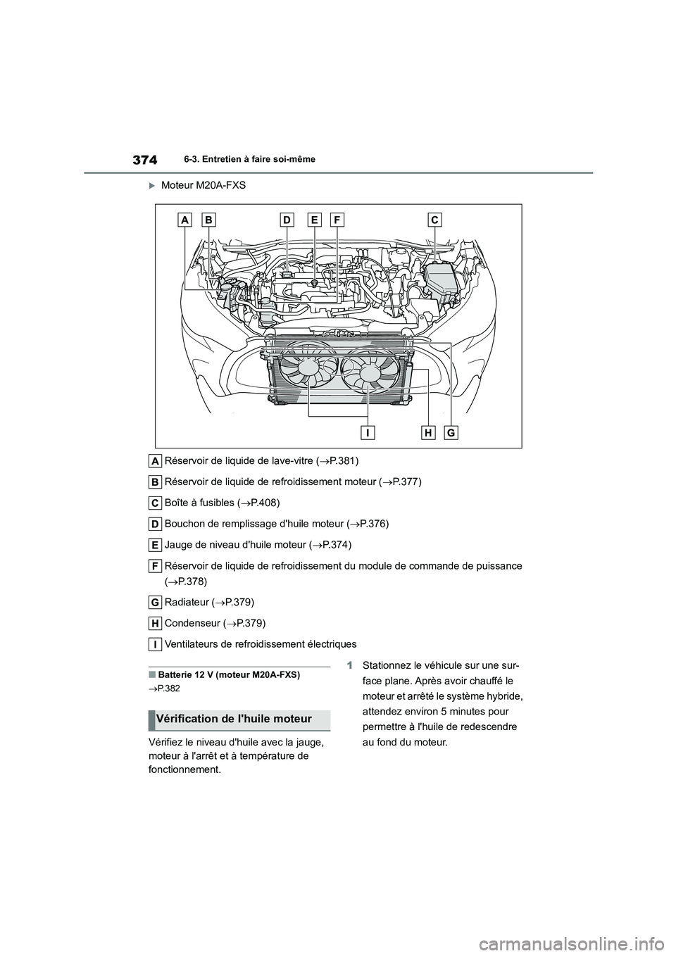 TOYOTA COROLLA CROSS 2022 Manuel du propriétaire (in French) 3746-3. Entretien à faire soi-même
Moteur M20A-FXS
Réservoir de liquide de lave-vitre ( P.381)
Réservoir de liquide de refroidissement moteur ( P.377)
Boîte à fusibles ( P.408)
B TOYOTA COROLLA CROSS 2022 Manuel du propriétaire (in French) 3746-3. Entretien à faire soi-même
Moteur M20A-FXS
Réservoir de liquide de lave-vitre ( P.381)
Réservoir de liquide de refroidissement moteur ( P.377)
Boîte à fusibles ( P.408)
B