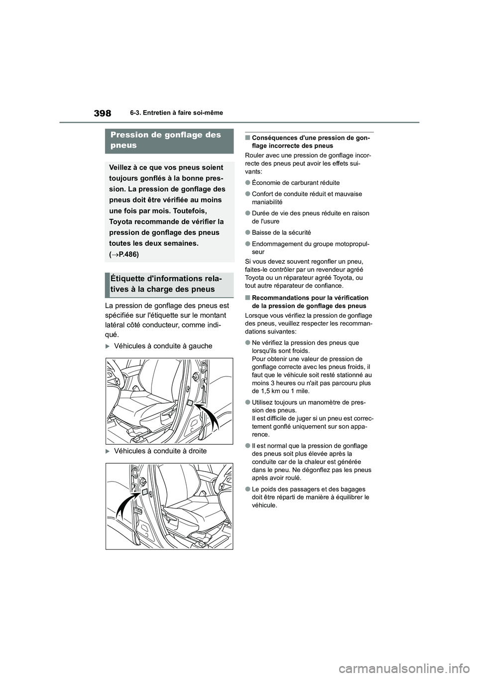 TOYOTA COROLLA CROSS 2022 Manuel du propriétaire (in French) 3986-3. Entretien à faire soi-même
La pression de gonflage des pneus est
spécifiée sur létiquette sur le montant
latéral côté conducteur, comme indi-
qué.
Véhicules à conduite à gau TOYOTA COROLLA CROSS 2022 Manuel du propriétaire (in French) 3986-3. Entretien à faire soi-même
La pression de gonflage des pneus est
spécifiée sur létiquette sur le montant
latéral côté conducteur, comme indi-
qué.
Véhicules à conduite à gau
