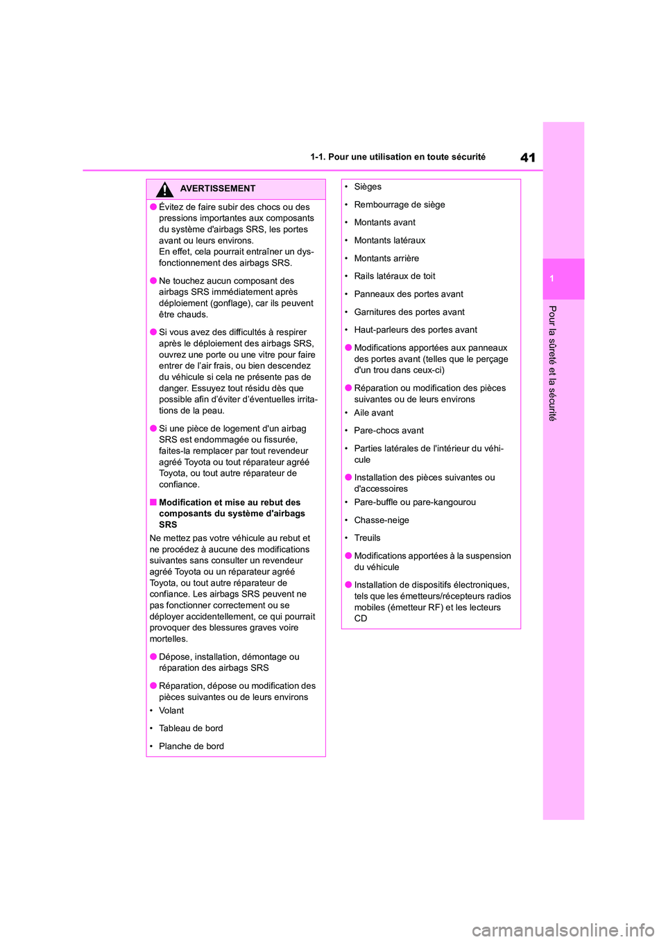 TOYOTA COROLLA CROSS 2022 Manuel du propriétaire (in French) 41
1
1-1. Pour une utilisation en toute sécurité
Pour la sûreté et la sécurité
AVERTISSEMENT
●Évitez de faire subir des chocs ou des
pressions importantes aux composants
du système da TOYOTA COROLLA CROSS 2022 Manuel du propriétaire (in French) 41
1
1-1. Pour une utilisation en toute sécurité
Pour la sûreté et la sécurité
AVERTISSEMENT
●Évitez de faire subir des chocs ou des
pressions importantes aux composants
du système da