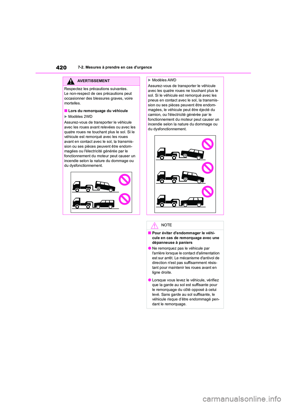 TOYOTA COROLLA CROSS 2022 Manuel du propriétaire (in French) 4207-2. Mesures à prendre en cas durgence
AVERTISSEMENT
Respectez les précautions suivantes.
Le non-respect de ces précautions peut
occasionner des bles sures graves, voire mortelles.
■Lors d TOYOTA COROLLA CROSS 2022 Manuel du propriétaire (in French) 4207-2. Mesures à prendre en cas durgence
AVERTISSEMENT
Respectez les précautions suivantes.
Le non-respect de ces précautions peut
occasionner des bles sures graves, voire mortelles.
■Lors d
