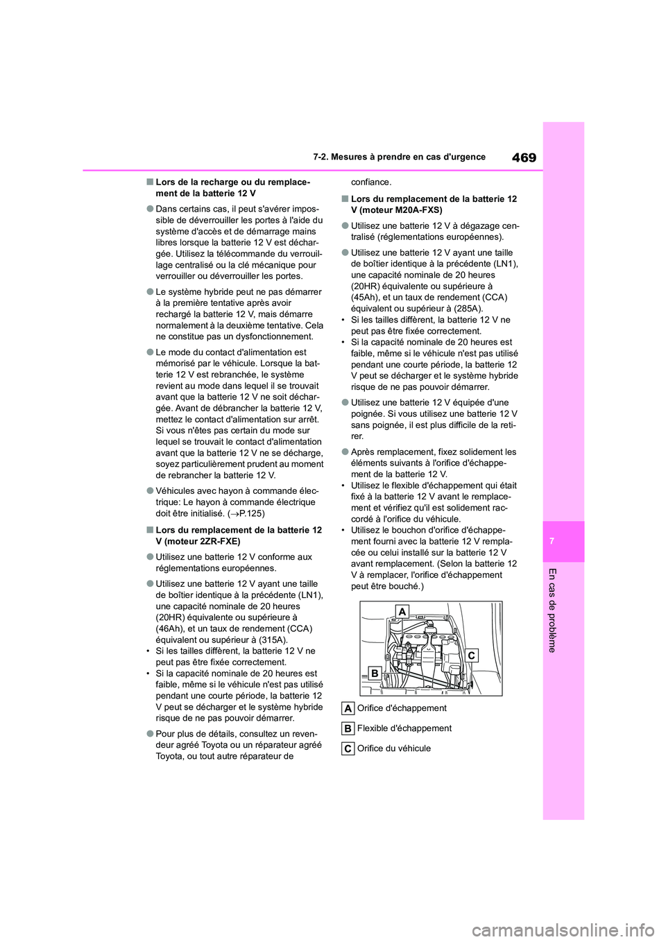 TOYOTA COROLLA CROSS 2022 Manuel du propriétaire (in French) 469
7
7-2. Mesures à prendre en cas durgence
En cas de problème
■Lors de la recharge ou du remplace- ment de la batterie 12 V
●Dans certains cas, il peut savérer impos-sible de déverrouille TOYOTA COROLLA CROSS 2022 Manuel du propriétaire (in French) 469
7
7-2. Mesures à prendre en cas durgence
En cas de problème
■Lors de la recharge ou du remplace- ment de la batterie 12 V
●Dans certains cas, il peut savérer impos-sible de déverrouille
