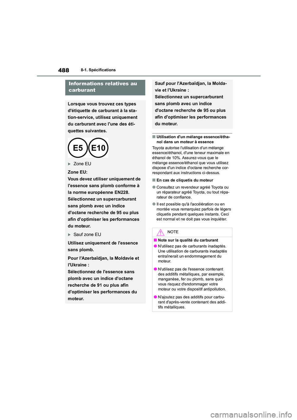 TOYOTA COROLLA CROSS 2022 Manuel du propriétaire (in French) 4888-1. Spécifications
■Utilisation dun mélange essence/étha-
nol dans un moteur à essence
Toyota autorise lutilisation dun mélange
essence/éthanol, dune teneur maximale en éthanol d TOYOTA COROLLA CROSS 2022 Manuel du propriétaire (in French) 4888-1. Spécifications
■Utilisation dun mélange essence/étha-
nol dans un moteur à essence
Toyota autorise lutilisation dun mélange
essence/éthanol, dune teneur maximale en éthanol d