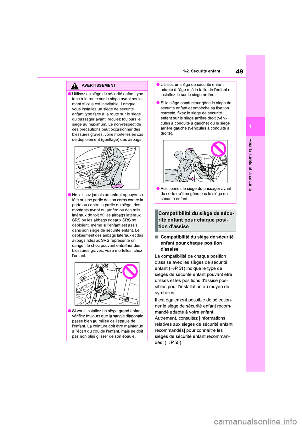 TOYOTA COROLLA CROSS 2022 Manuel du propriétaire (in French) 49
1
1-2. Sécurité enfant
Pour la sûreté et la sécurité
■Compatibilité du siège de sécurité
enfant pour chaque position
dassise
La compatibilité de chaque position
dassise avec l TOYOTA COROLLA CROSS 2022 Manuel du propriétaire (in French) 49
1
1-2. Sécurité enfant
Pour la sûreté et la sécurité
■Compatibilité du siège de sécurité
enfant pour chaque position
dassise
La compatibilité de chaque position
dassise avec l