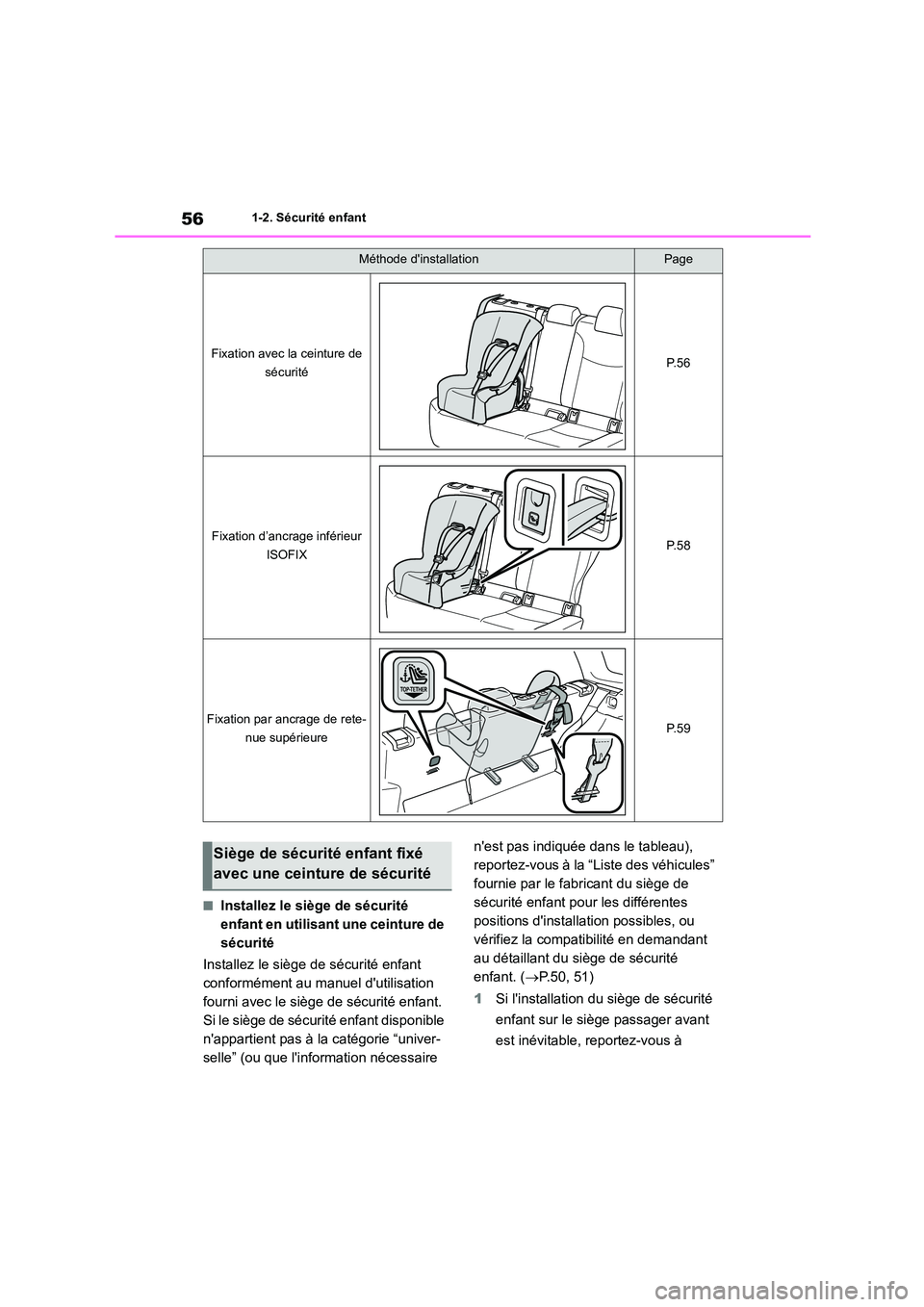 TOYOTA COROLLA CROSS 2022 Manuel du propriétaire (in French) 561-2. Sécurité enfant
■Installez le siège de sécurité
enfant en utilisant une ceinture de
sécurité
Installez le siège de sécurité enfant
conformément au manuel dutilisation
fourn TOYOTA COROLLA CROSS 2022 Manuel du propriétaire (in French) 561-2. Sécurité enfant
■Installez le siège de sécurité
enfant en utilisant une ceinture de
sécurité
Installez le siège de sécurité enfant
conformément au manuel dutilisation
fourn