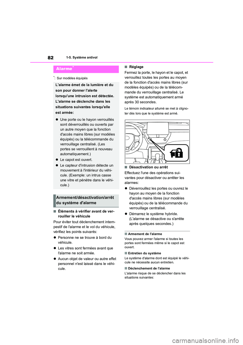 TOYOTA COROLLA CROSS 2022 Manuel du propriétaire (in French) 821-5. Système antivol
*: Sur modèles équipés
■Éléments à vérifier avant de ver-
rouiller le véhicule
Pour éviter tout déclenchement intem-
pestif de lalarme et le vol du véhicule,
TOYOTA COROLLA CROSS 2022 Manuel du propriétaire (in French) 821-5. Système antivol
*: Sur modèles équipés
■Éléments à vérifier avant de ver-
rouiller le véhicule
Pour éviter tout déclenchement intem-
pestif de lalarme et le vol du véhicule,