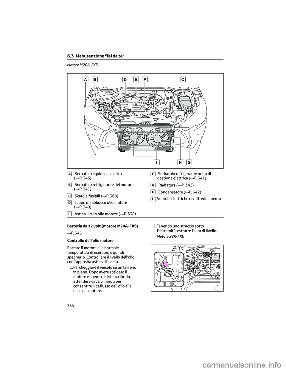 TOYOTA COROLLA CROSS 2023 Manuale duso (in Italian) Motore M20A-FXS
ASerbatoio liquido lavavetro
(→P. 345)
BSerbatoio refrigerante del motore
(→P. 341)
CScatola fusibili (→P. 368)
DTappo di rabbocco olio motore
(→P. 340)
EAstina livello olio mo TOYOTA COROLLA CROSS 2023 Manuale duso (in Italian) Motore M20A-FXS
ASerbatoio liquido lavavetro
(→P. 345)
BSerbatoio refrigerante del motore
(→P. 341)
CScatola fusibili (→P. 368)
DTappo di rabbocco olio motore
(→P. 340)
EAstina livello olio mo