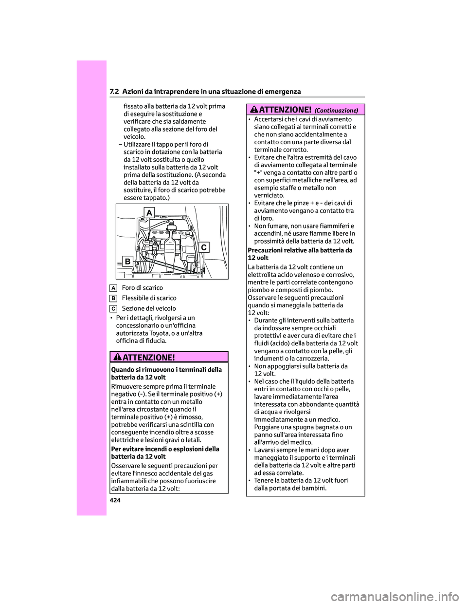 TOYOTA COROLLA CROSS 2023 Manuale duso (in Italian) fissato alla batteria da 12 volt prima
di eseguire la sostituzione e
verificare che sia saldamente
collegato alla sezione del foro del
veicolo.
– Utilizzare il tappo per il foro di
scarico in dotazi TOYOTA COROLLA CROSS 2023 Manuale duso (in Italian) fissato alla batteria da 12 volt prima
di eseguire la sostituzione e
verificare che sia saldamente
collegato alla sezione del foro del
veicolo.
– Utilizzare il tappo per il foro di
scarico in dotazi