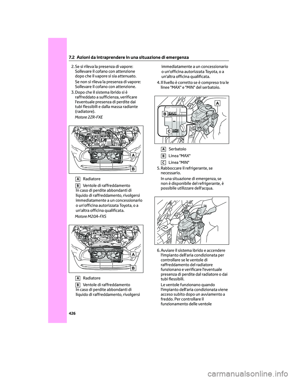 TOYOTA COROLLA CROSS 2023 Manuale duso (in Italian) 2. Se si rileva la presenza di vapore:
Sollevare il cofano con attenzione
dopo che il vapore si sia attenuato.
Se non si rileva la presenza di vapore:
Sollevare il cofano con attenzione.
3. Dopo che i TOYOTA COROLLA CROSS 2023 Manuale duso (in Italian) 2. Se si rileva la presenza di vapore:
Sollevare il cofano con attenzione
dopo che il vapore si sia attenuato.
Se non si rileva la presenza di vapore:
Sollevare il cofano con attenzione.
3. Dopo che i