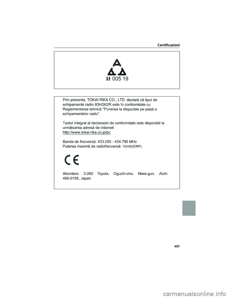 TOYOTA COROLLA CROSS 2023  Manuale duso (in Italian) Certificazioni
497 