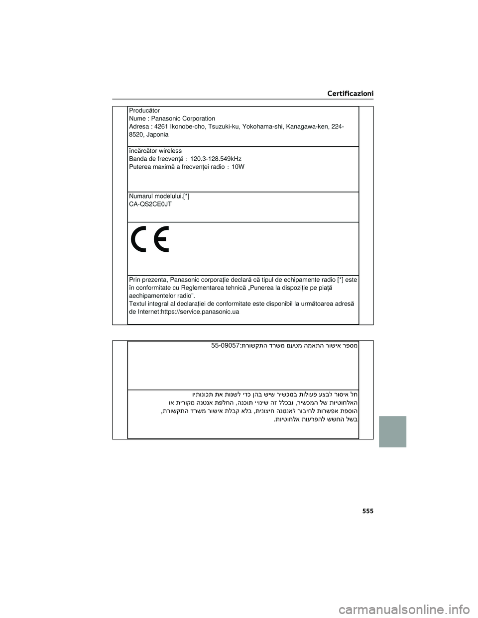 TOYOTA COROLLA CROSS 2022  Manuale duso (in Italian) Certificazioni
555 