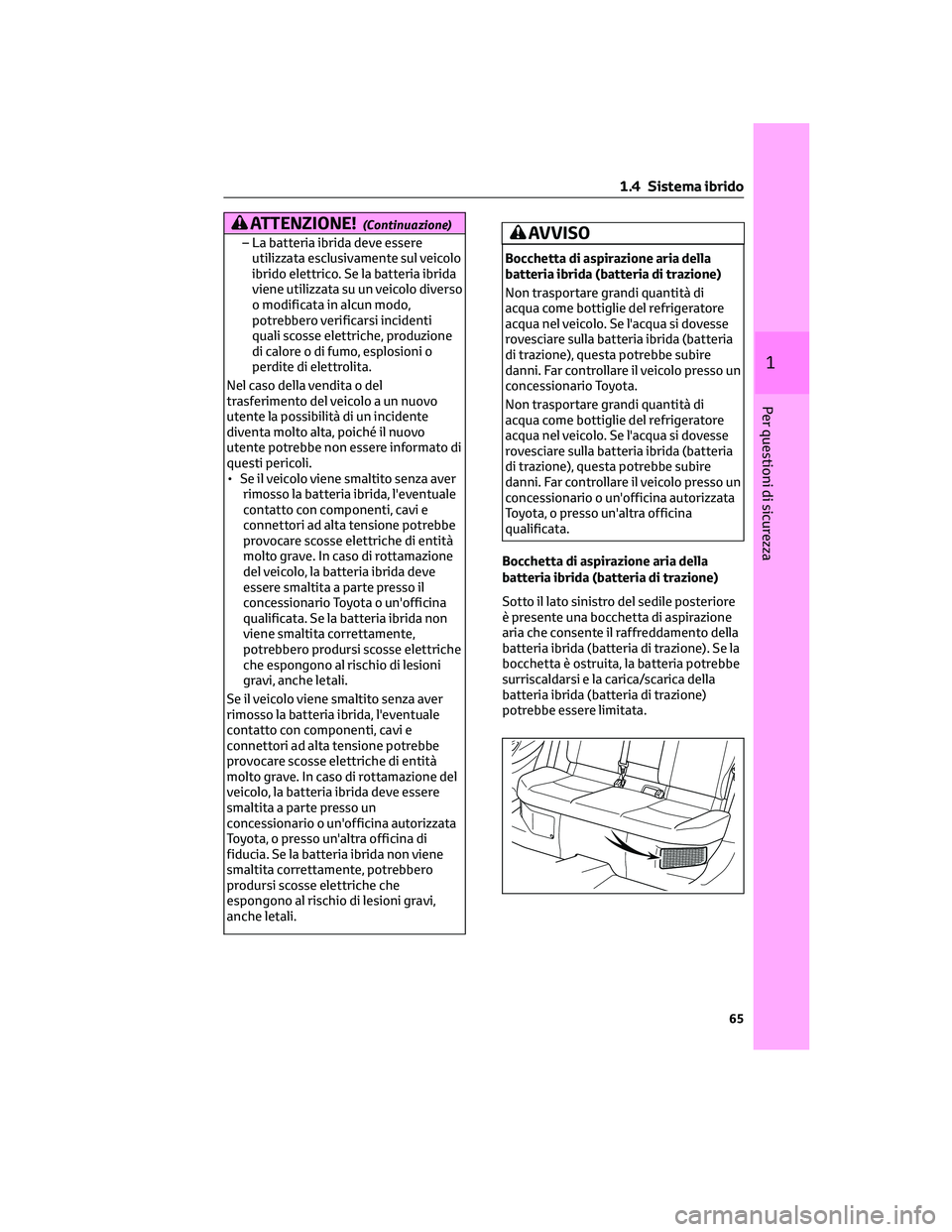 TOYOTA COROLLA CROSS 2022 Manuale duso (in Italian) ATTENZIONE!(Continuazione)
– La batteria ibrida deve essere
utilizzata esclusivamente sul veicolo
ibrido elettrico. Se la batteria ibrida
viene utilizzata su un veicolo diverso
o modificata in alcun TOYOTA COROLLA CROSS 2022 Manuale duso (in Italian) ATTENZIONE!(Continuazione)
– La batteria ibrida deve essere
utilizzata esclusivamente sul veicolo
ibrido elettrico. Se la batteria ibrida
viene utilizzata su un veicolo diverso
o modificata in alcun