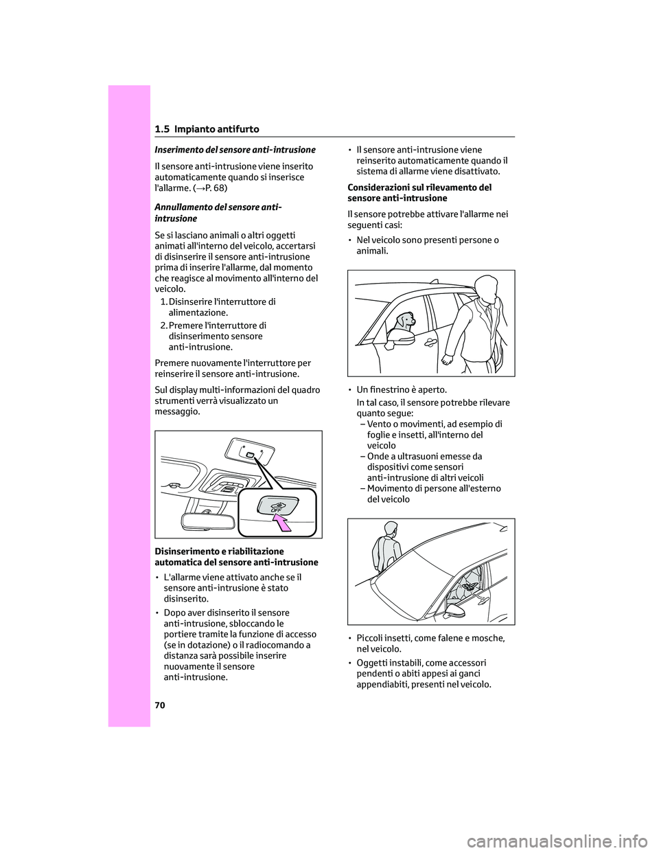 TOYOTA COROLLA CROSS 2022 Manuale duso (in Italian) Inserimento del sensore anti-intrusione
Il sensore anti-intrusione viene inserito
automaticamente quando si inserisce
l'allarme. (→P. 68)
Annullamento del sensore anti-
intrusione
Se si lasciano TOYOTA COROLLA CROSS 2022 Manuale duso (in Italian) Inserimento del sensore anti-intrusione
Il sensore anti-intrusione viene inserito
automaticamente quando si inserisce
l'allarme. (→P. 68)
Annullamento del sensore anti-
intrusione
Se si lasciano
