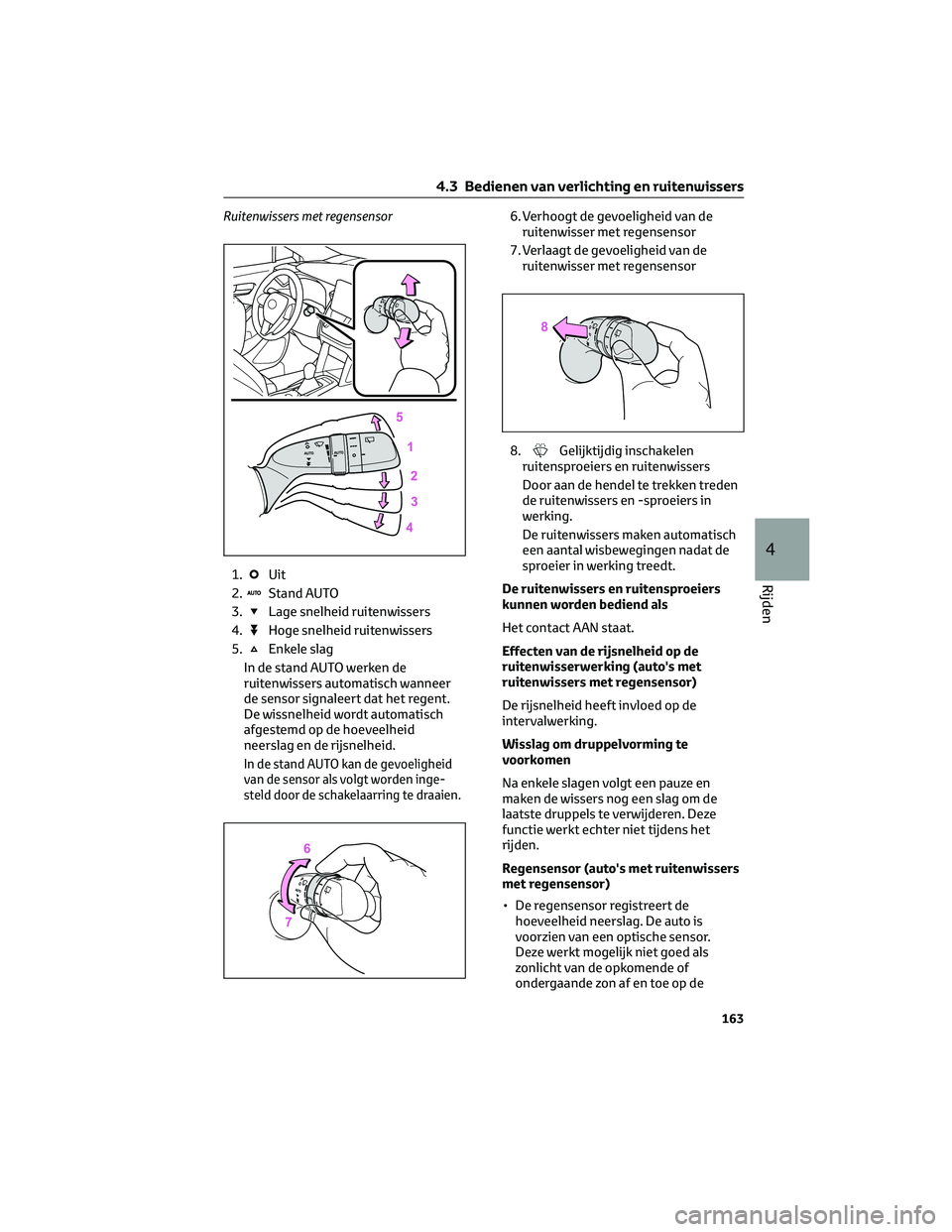 TOYOTA COROLLA CROSS 2022 Instructieboekje (in Dutch) Ruitenwissers met regensensor
1.
Uit
2.
Stand AUTO
3.
Lage snelheid ruitenwissers
4.
Hoge snelheid ruitenwissers
5.
Enkele slag
In de stand AUTO werken de
ruitenwissers automatisch wanneer
de sensor s TOYOTA COROLLA CROSS 2022 Instructieboekje (in Dutch) Ruitenwissers met regensensor
1.
Uit
2.
Stand AUTO
3.
Lage snelheid ruitenwissers
4.
Hoge snelheid ruitenwissers
5.
Enkele slag
In de stand AUTO werken de
ruitenwissers automatisch wanneer
de sensor s