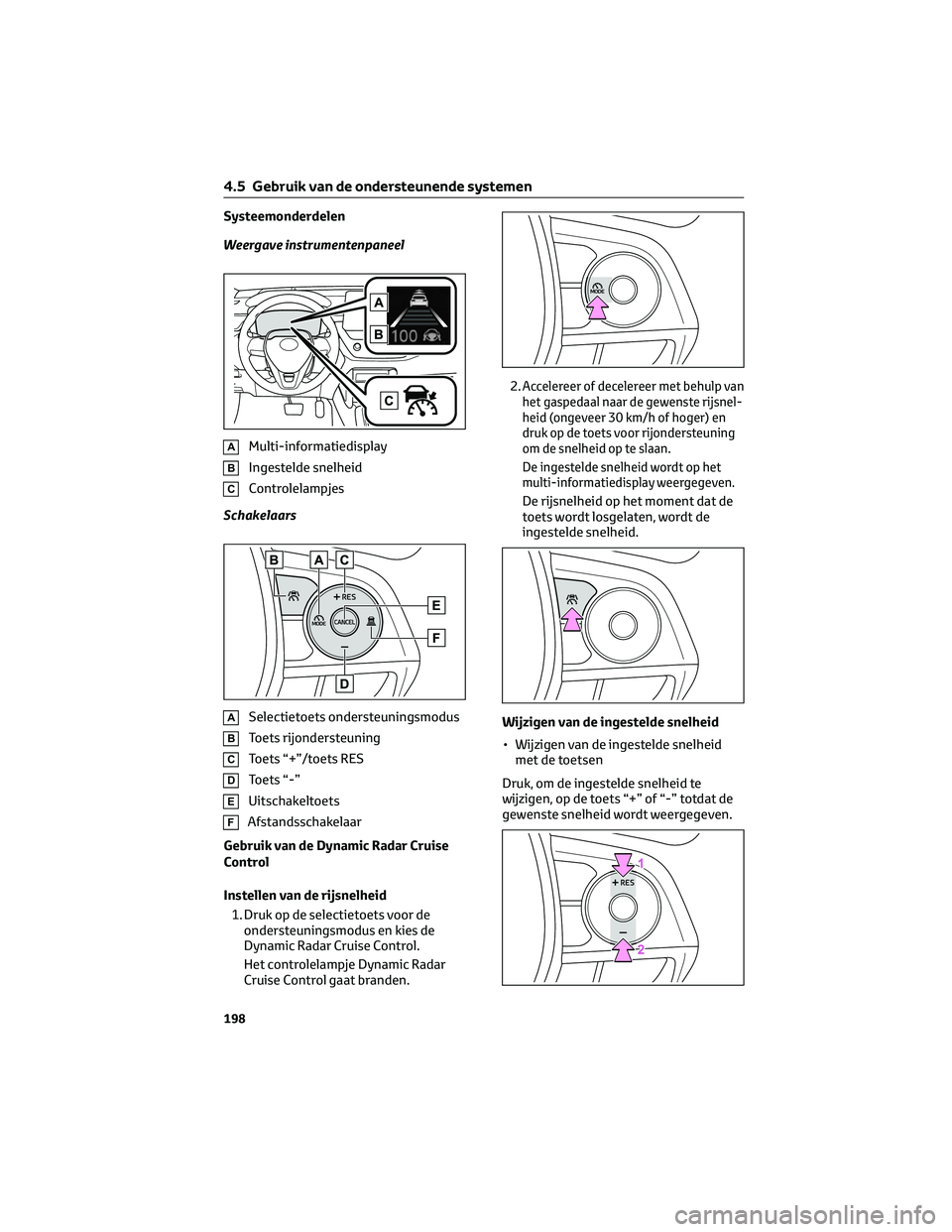 TOYOTA COROLLA CROSS 2022 Instructieboekje (in Dutch) Systeemonderdelen
Weergave instrumentenpaneel
AMulti-informatiedisplay
BIngestelde snelheid
CControlelampjes
Schakelaars
ASelectietoets ondersteuningsmodus
BToets rijondersteuning
CToets “+”/toets TOYOTA COROLLA CROSS 2022 Instructieboekje (in Dutch) Systeemonderdelen
Weergave instrumentenpaneel
AMulti-informatiedisplay
BIngestelde snelheid
CControlelampjes
Schakelaars
ASelectietoets ondersteuningsmodus
BToets rijondersteuning
CToets “+”/toets