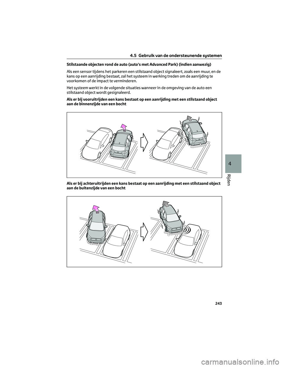 TOYOTA COROLLA CROSS 2022 Instructieboekje (in Dutch) Stilstaande objecten rond de auto (auto's met Advanced Park) (indien aanwezig)
Als een sensor tijdens het parkeren een stilstaand object signaleert, zoals een muur, en de
kans op een aanrijding be TOYOTA COROLLA CROSS 2022 Instructieboekje (in Dutch) Stilstaande objecten rond de auto (auto's met Advanced Park) (indien aanwezig)
Als een sensor tijdens het parkeren een stilstaand object signaleert, zoals een muur, en de
kans op een aanrijding be