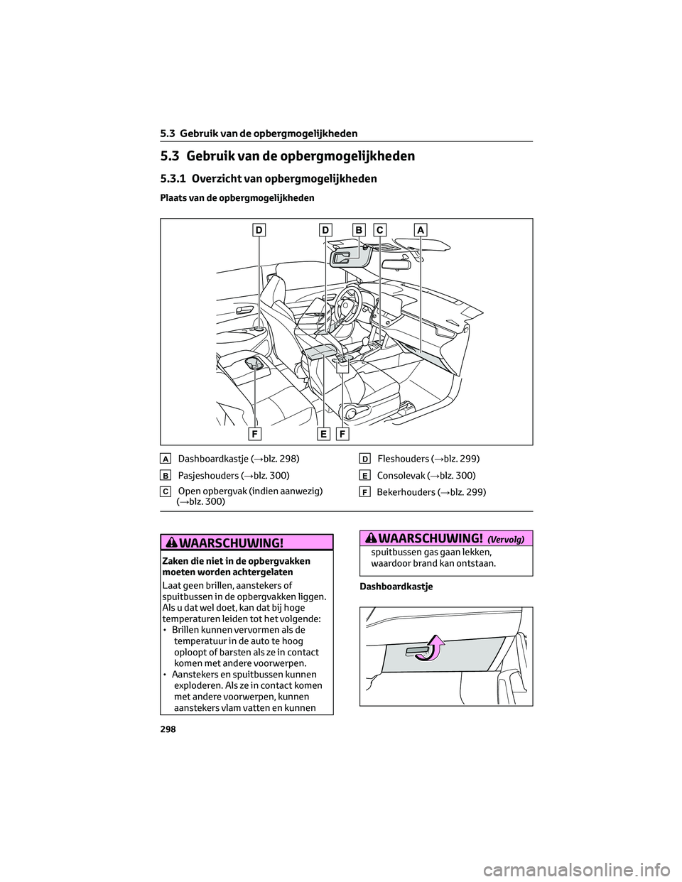TOYOTA COROLLA CROSS 2022 Instructieboekje (in Dutch) 5.3 Gebruik van de opbergmogelijkheden
5.3.1 Overzicht van opbergmogelijkheden
Plaats van de opbergmogelijkheden
ADashboardkastje (→blz. 298)
BPasjeshouders (→blz. 300)
COpen opbergvak (indien aan TOYOTA COROLLA CROSS 2022 Instructieboekje (in Dutch) 5.3 Gebruik van de opbergmogelijkheden
5.3.1 Overzicht van opbergmogelijkheden
Plaats van de opbergmogelijkheden
ADashboardkastje (→blz. 298)
BPasjeshouders (→blz. 300)
COpen opbergvak (indien aan
