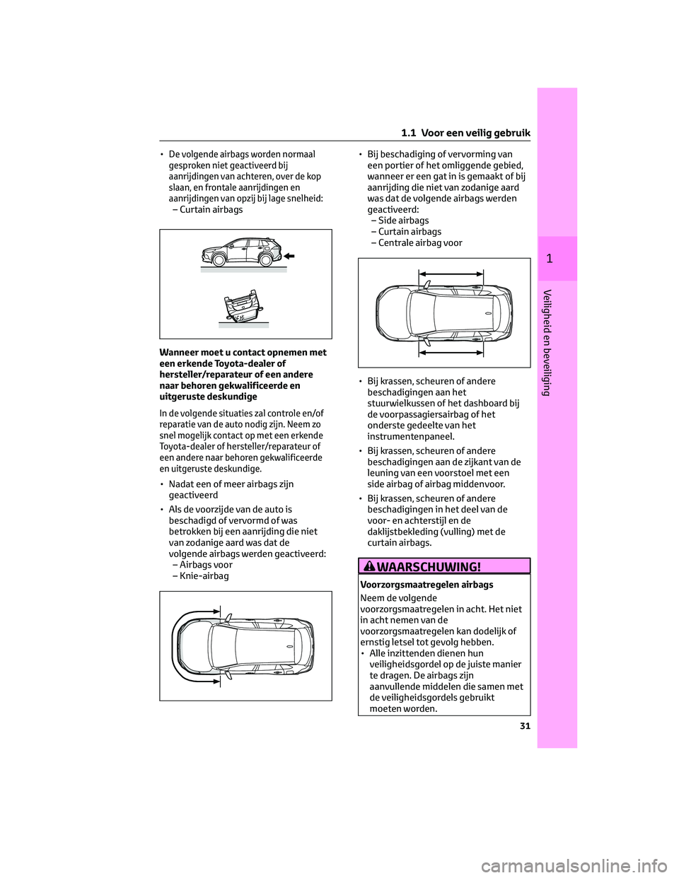 TOYOTA COROLLA CROSS 2023 Instructieboekje (in Dutch) •De volgende airbags worden normaal
gesproken niet geactiveerd bij
aanrijdingen van achteren, over de kop
slaan, en frontale aanrijdingen en
aanrijdingen van opzij bij lage snelheid:
– Curtain air TOYOTA COROLLA CROSS 2023 Instructieboekje (in Dutch) •De volgende airbags worden normaal
gesproken niet geactiveerd bij
aanrijdingen van achteren, over de kop
slaan, en frontale aanrijdingen en
aanrijdingen van opzij bij lage snelheid:
– Curtain air