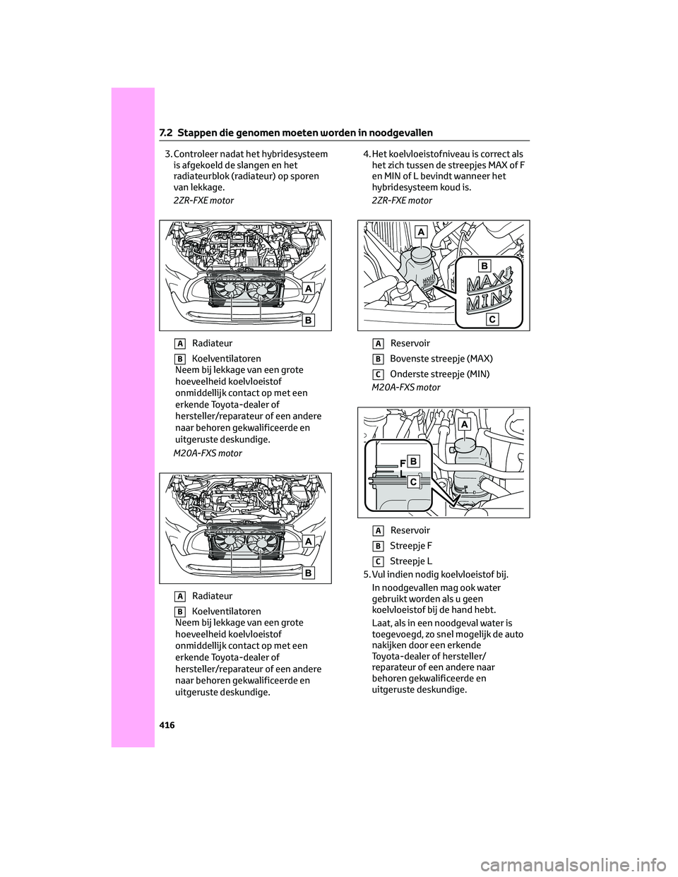 TOYOTA COROLLA CROSS 2022 Instructieboekje (in Dutch) 3. Controleer nadat het hybridesysteem
is afgekoeld de slangen en het
radiateurblok (radiateur) op sporen
van lekkage.
2ZR-FXE motor
ARadiateur
BKoelventilatoren
Neem bij lekkage van een grote
hoeveel TOYOTA COROLLA CROSS 2022 Instructieboekje (in Dutch) 3. Controleer nadat het hybridesysteem
is afgekoeld de slangen en het
radiateurblok (radiateur) op sporen
van lekkage.
2ZR-FXE motor
ARadiateur
BKoelventilatoren
Neem bij lekkage van een grote
hoeveel