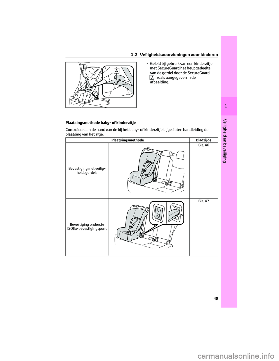 TOYOTA COROLLA CROSS 2022 Instructieboekje (in Dutch) • Geleid bij gebruik van een kinderzitjemet SecureGuard het heupgedeelte
van de gordel door de SecureGuard
Azoals aangegeven in de
afbeelding.
Plaatsingsmethode
baby- of kinderzitje
Controleer aan TOYOTA COROLLA CROSS 2022 Instructieboekje (in Dutch) • Geleid bij gebruik van een kinderzitjemet SecureGuard het heupgedeelte
van de gordel door de SecureGuard
Azoals aangegeven in de
afbeelding.
Plaatsingsmethode
baby- of kinderzitje
Controleer aan