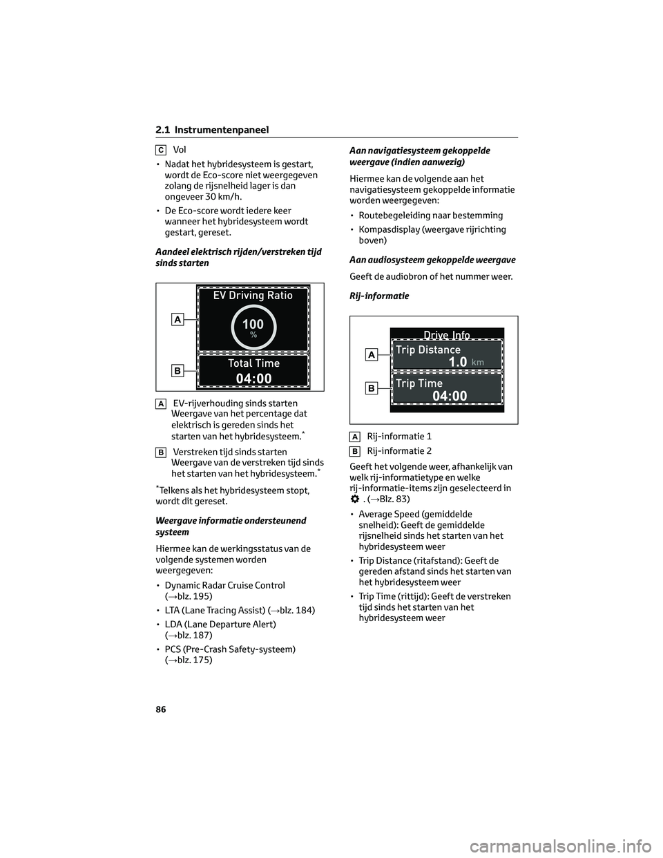 TOYOTA COROLLA CROSS 2022  Instructieboekje (in Dutch) CVol
• Nadat het hybridesysteem is gestart,
wordt de Eco-score niet weergegeven
zolang de rijsnelheid lager is dan
ongeveer 30 km/h.
• De Eco-score wordt iedere keer
wanneer het hybridesysteem wor