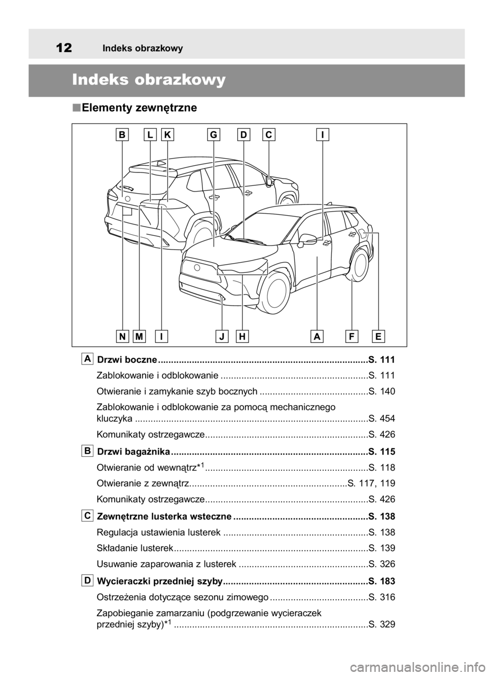 TOYOTA COROLLA CROSS 2023  Instrukcja obsługi (in Polish) Elementy zewn´trzne 
Drzwi boczne .................................................................................S. 111
Zablokowanie i odblokowanie .................................................