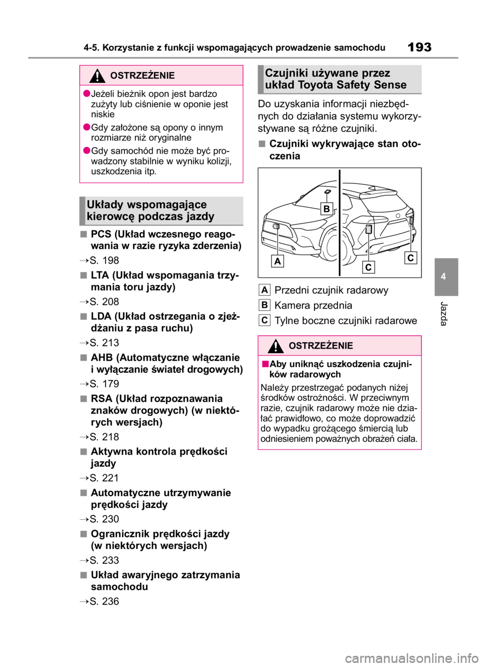 TOYOTA COROLLA CROSS 2022  Instrukcja obsługi (in Polish) PCS (Uk∏ad wczesnego reago-
wania w razie ryzyka zderzenia)
S. 198
LTA (Uk∏ad wspomagania trzy-
mania toru jazdy)
S. 208
LDA (Uk∏ad ostrzegania o zje˝-
d˝aniu z pasa ruchu)
S. 213
AHB (Auto