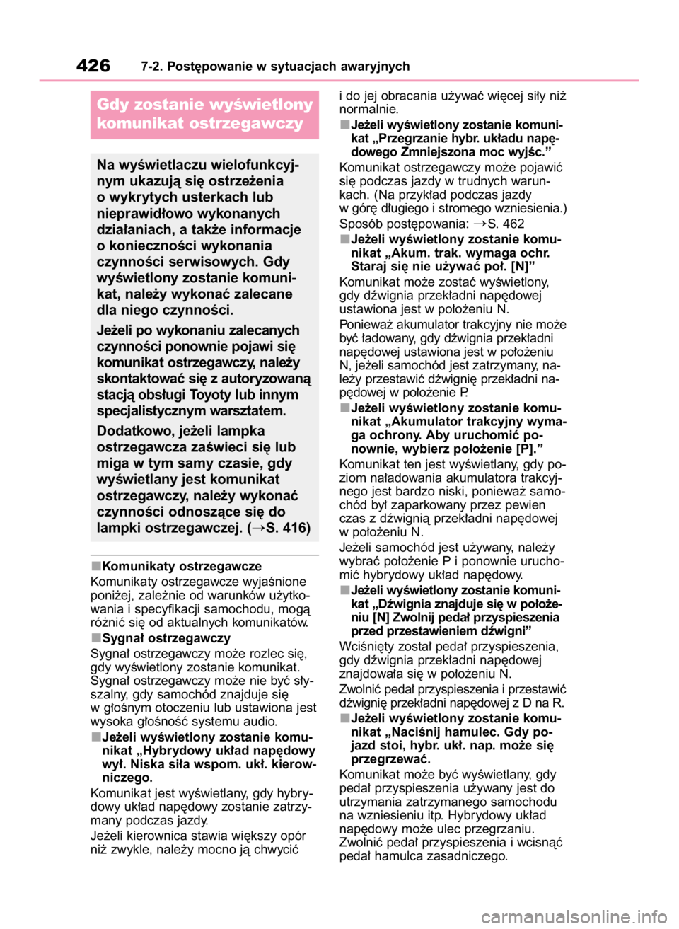 TOYOTA COROLLA CROSS 2022 Instrukcja obsługi (in Polish) Komunikaty ostrzegawcze
Komunikaty ostrzegawcze wyjaÊnione
poni˝ej, zale˝nie od warunków u˝ytko-
wania i specyfikacji samochodu, mogà
ró˝niç si´ od aktualnych komunikatów.
Sygna∏ ostrzega TOYOTA COROLLA CROSS 2022 Instrukcja obsługi (in Polish) Komunikaty ostrzegawcze
Komunikaty ostrzegawcze wyjaÊnione
poni˝ej, zale˝nie od warunków u˝ytko-
wania i specyfikacji samochodu, mogà
ró˝niç si´ od aktualnych komunikatów.
Sygna∏ ostrzega