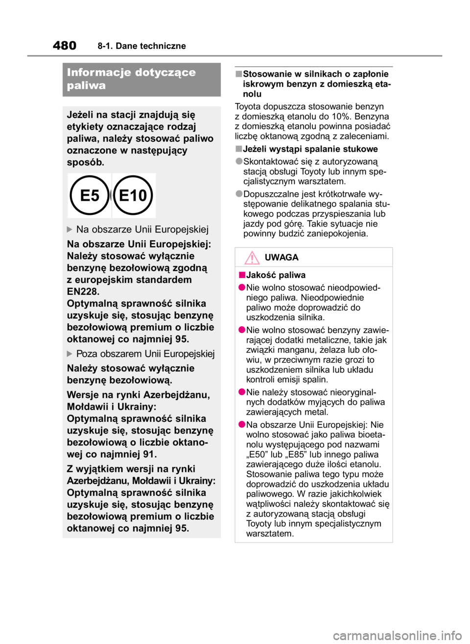 TOYOTA COROLLA CROSS 2022  Instrukcja obsługi (in Polish) Stosowanie w silnikach o zap∏onie
iskrowym benzyn z domieszkà eta-
nolu
Toyota dopuszcza stosowanie benzyn
z domieszkà etanolu do 10%. Benzyna
z domieszkà etanolu powinna posiadaç
liczb´ oktano