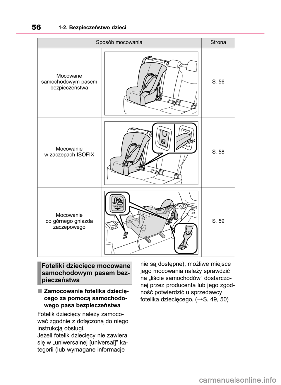 TOYOTA COROLLA CROSS 2022  Instrukcja obsługi (in Polish) Zamocowanie fotelika dzieci´-
cego za pomocà samochodo-
wego pasa bezpieczeƒstwa
Fotelik dzieci´cy nale˝y zamoco-
waç zgodnie z do∏àczonà do niego
instrukcjà obs∏ugi.
Je˝eli fotelik dzie