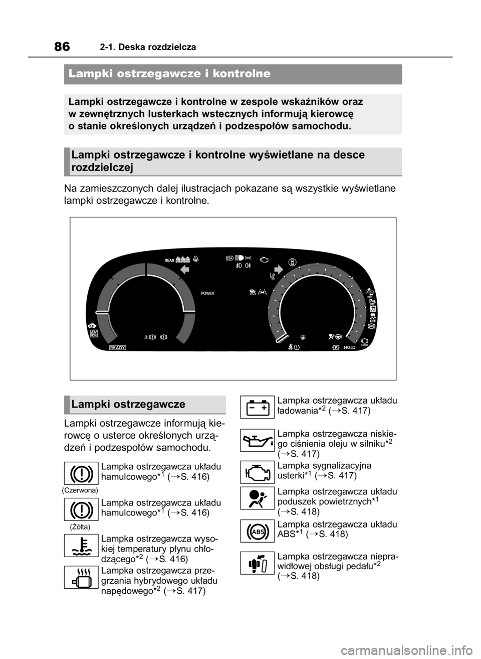 TOYOTA COROLLA CROSS 2022  Instrukcja obsługi (in Polish) Lampki ostrzegawcze informujà kie-
rowc´ o usterce okreÊlonych urzà-
dzeƒ i podzespo∏ów samochodu.
Lampka ostrzegawcza uk∏adu
hamulcowego*1(S. 416)
Lampka ostrzegawcza uk∏adu
hamulcowego*