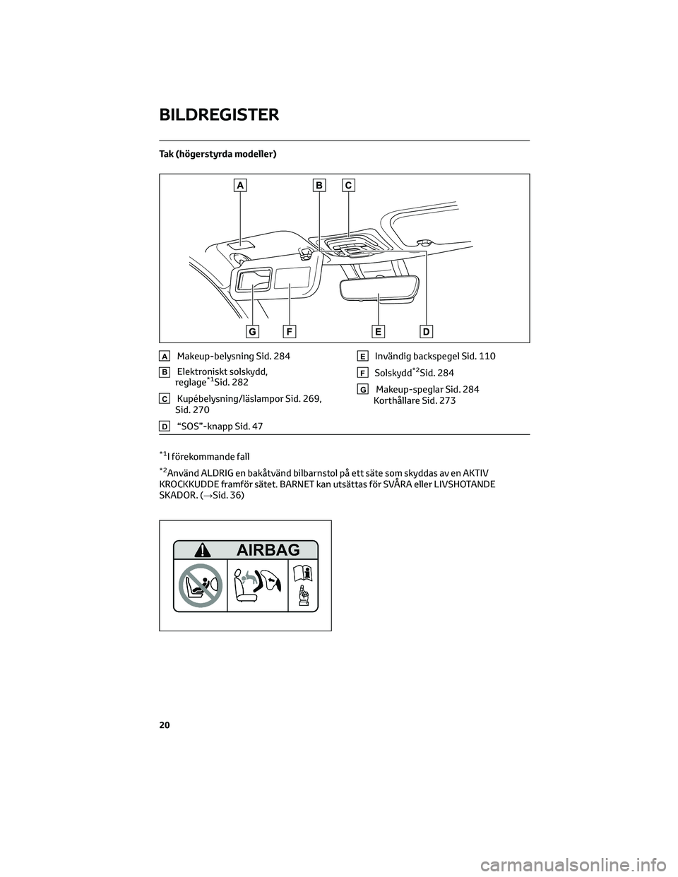 TOYOTA COROLLA CROSS 2023 Bruksanvisningar (in Swedish) Tak (högerstyrda modeller)
AMakeup-belysning Sid. 284
BElektroniskt solskydd,
reglage*1Sid. 282
CKupébelysning/läslampor Sid. 269,
Sid. 270
D“SOS”-knapp Sid. 47
EInvändig backspegel Sid. 110
F TOYOTA COROLLA CROSS 2023 Bruksanvisningar (in Swedish) Tak (högerstyrda modeller)
AMakeup-belysning Sid. 284
BElektroniskt solskydd,
reglage*1Sid. 282
CKupébelysning/läslampor Sid. 269,
Sid. 270
D“SOS”-knapp Sid. 47
EInvändig backspegel Sid. 110
F